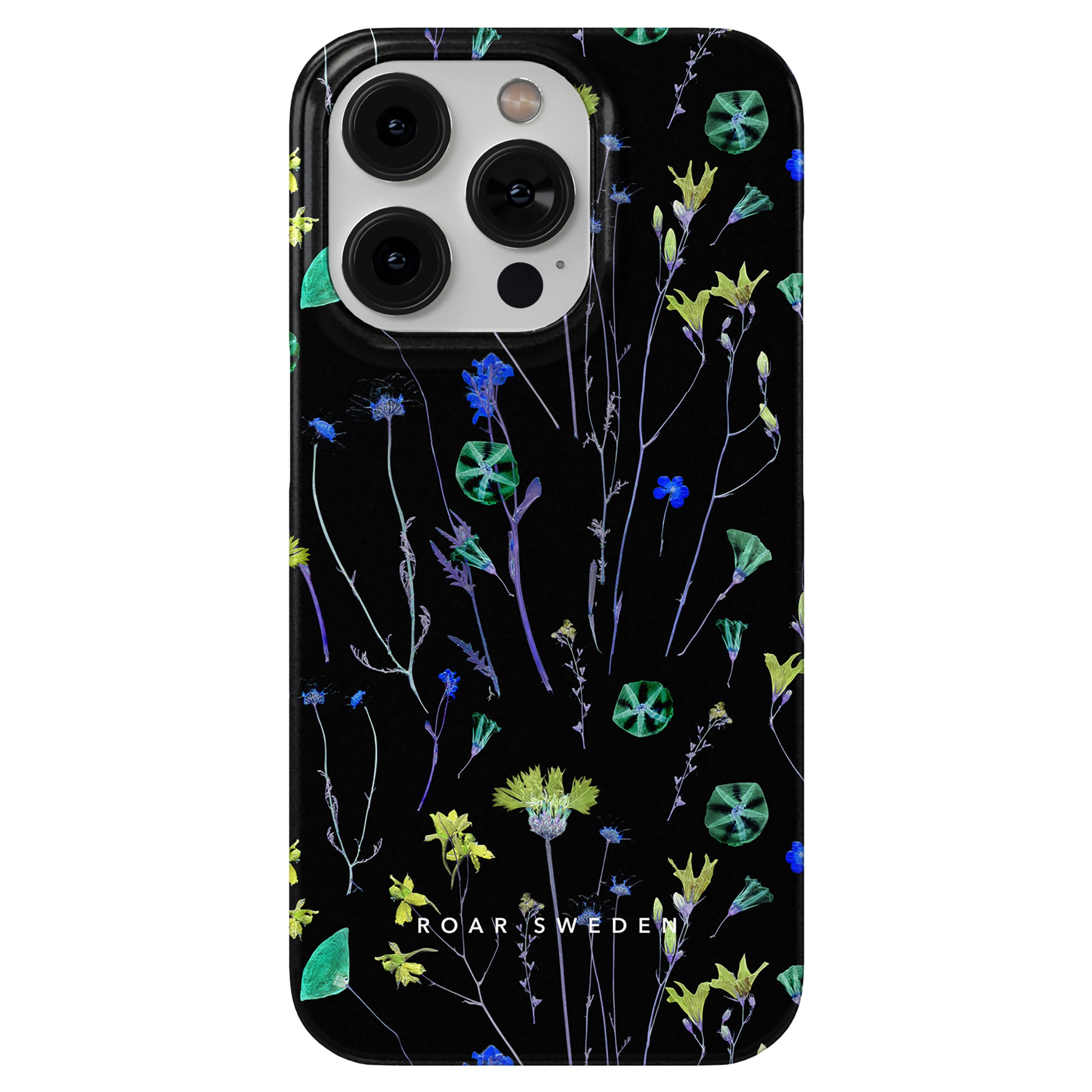 iPhone with a slim black case, featuring a vibrant floral design from the Night Plants collection, adorned with peonies and the text "ROAR SWEDEN" at the bottom.