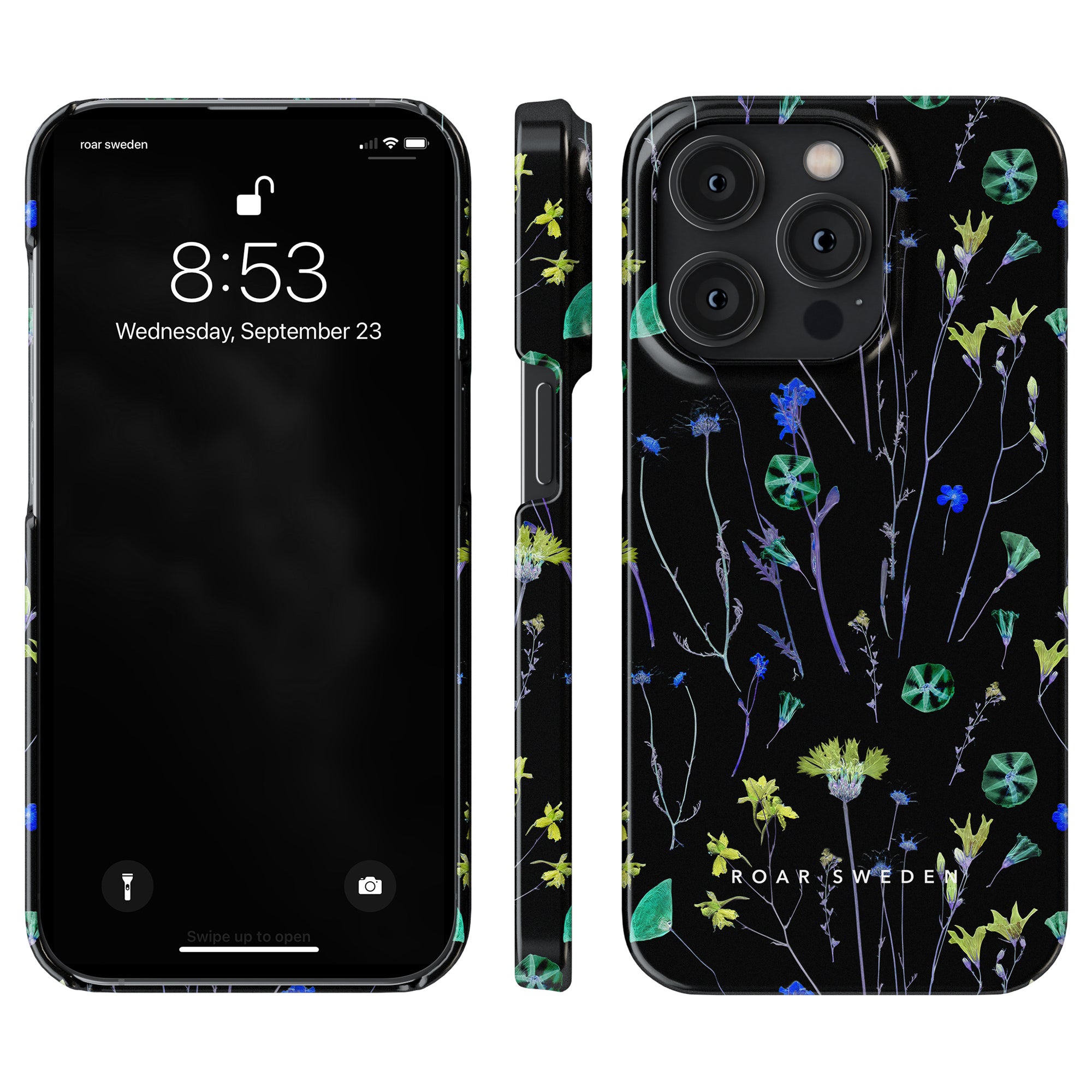 The "Night Plants - Slim case" by Roar Sweden is a black phone case with a floral design featuring yellow and blue flowers, along with delicate peonies for added elegance. It is shown on a phone displaying the time 8:53 and the date Wednesday, September 23. Part of their Mobilskal Floral Collection, this stylish case combines beauty and functionality.