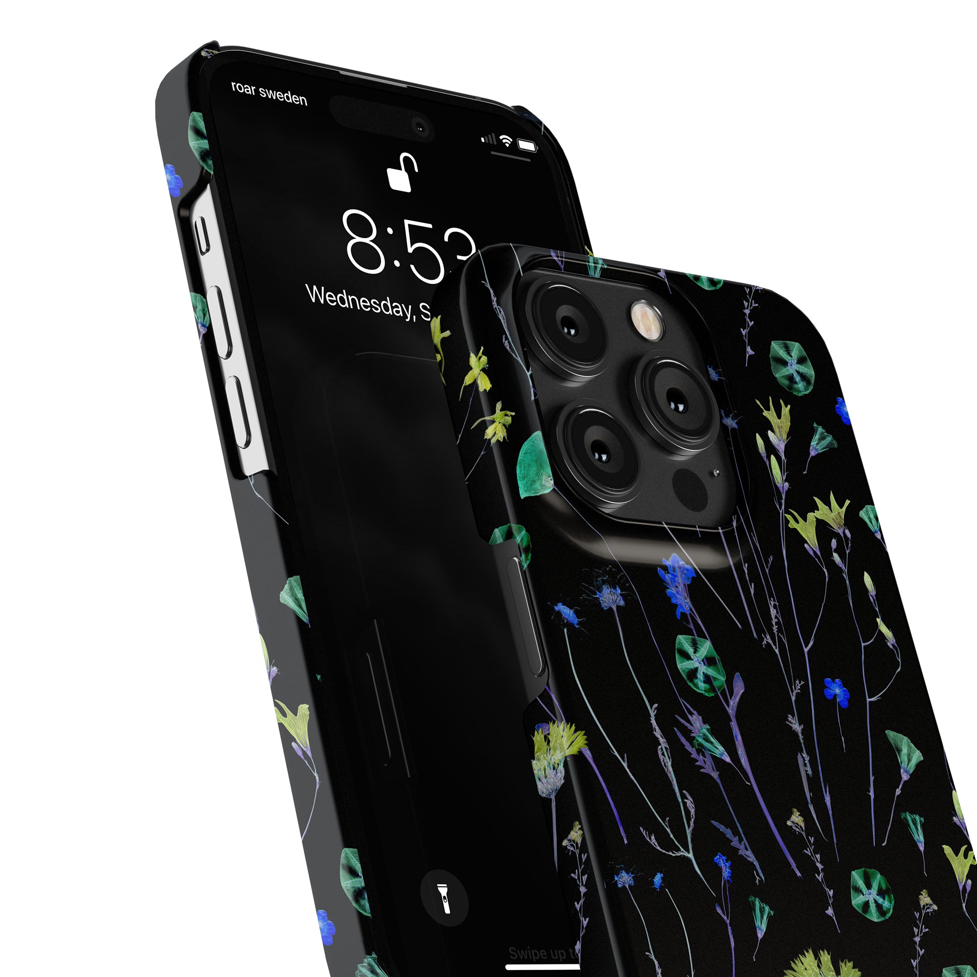 Close-up image of a smartphone with the Night Plants - Slim case, showcasing intricate peonies. The lock screen displays the time as 8:53 and the date as Wednesday, September 7.