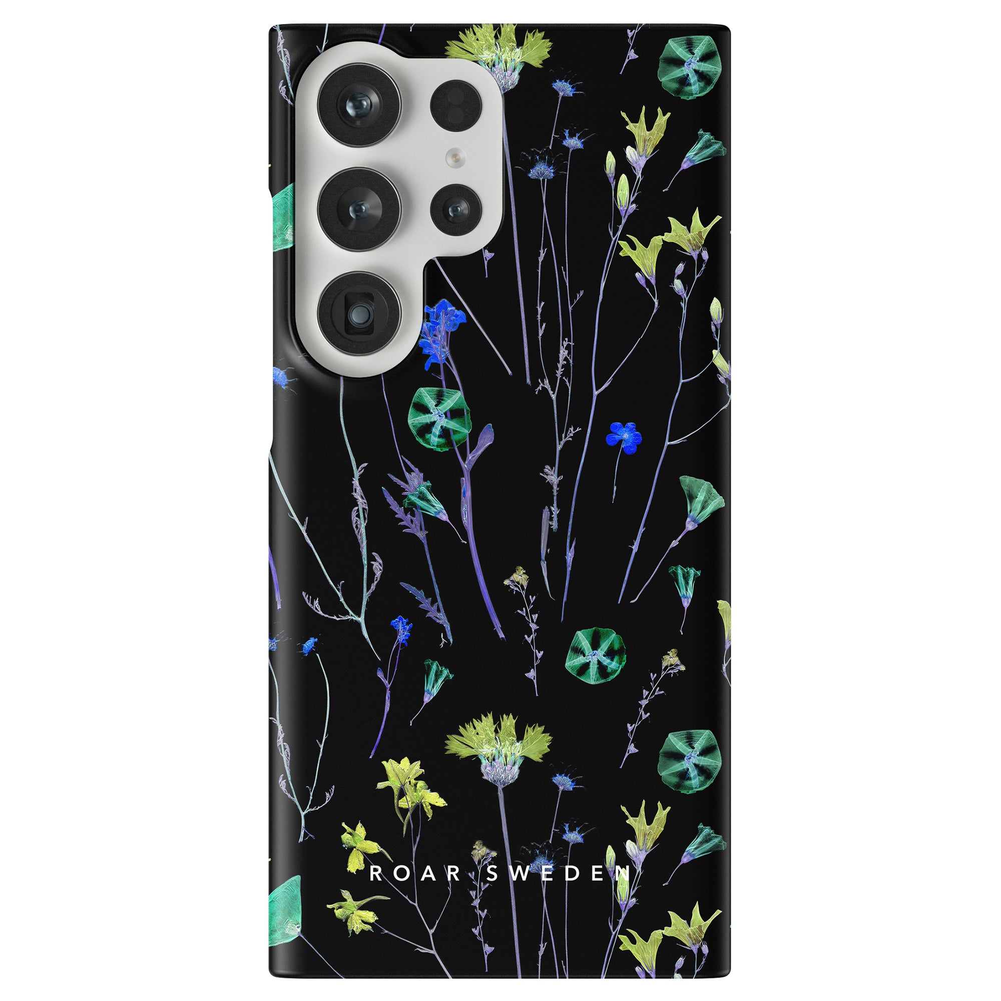 A smartphone encased in the "Night Plants - Slim case" from the Floral Collection, sporting a black floral-patterned design with "ROAR SWEDEN" written at the bottom and featuring five camera lenses on its rear side.