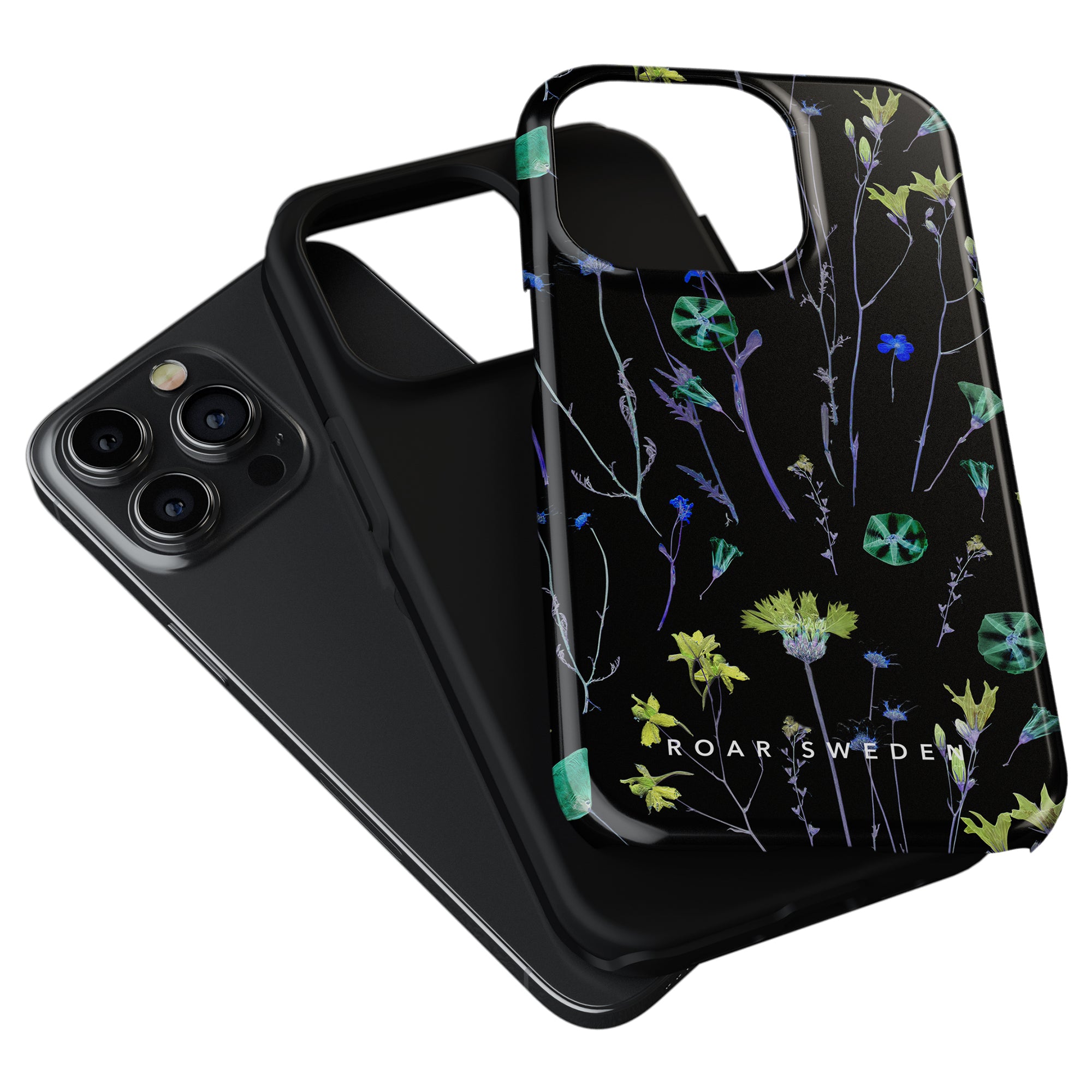 Two "Night Plants - Tough Case" phone cases in black are stacked, showcasing a minimalist floral design with various small flowers in blue, yellow, and green. The text "ROAR SWEDEN" is displayed on the cases. These stylish cases provide robust protection for your phone with a touch of elegance.