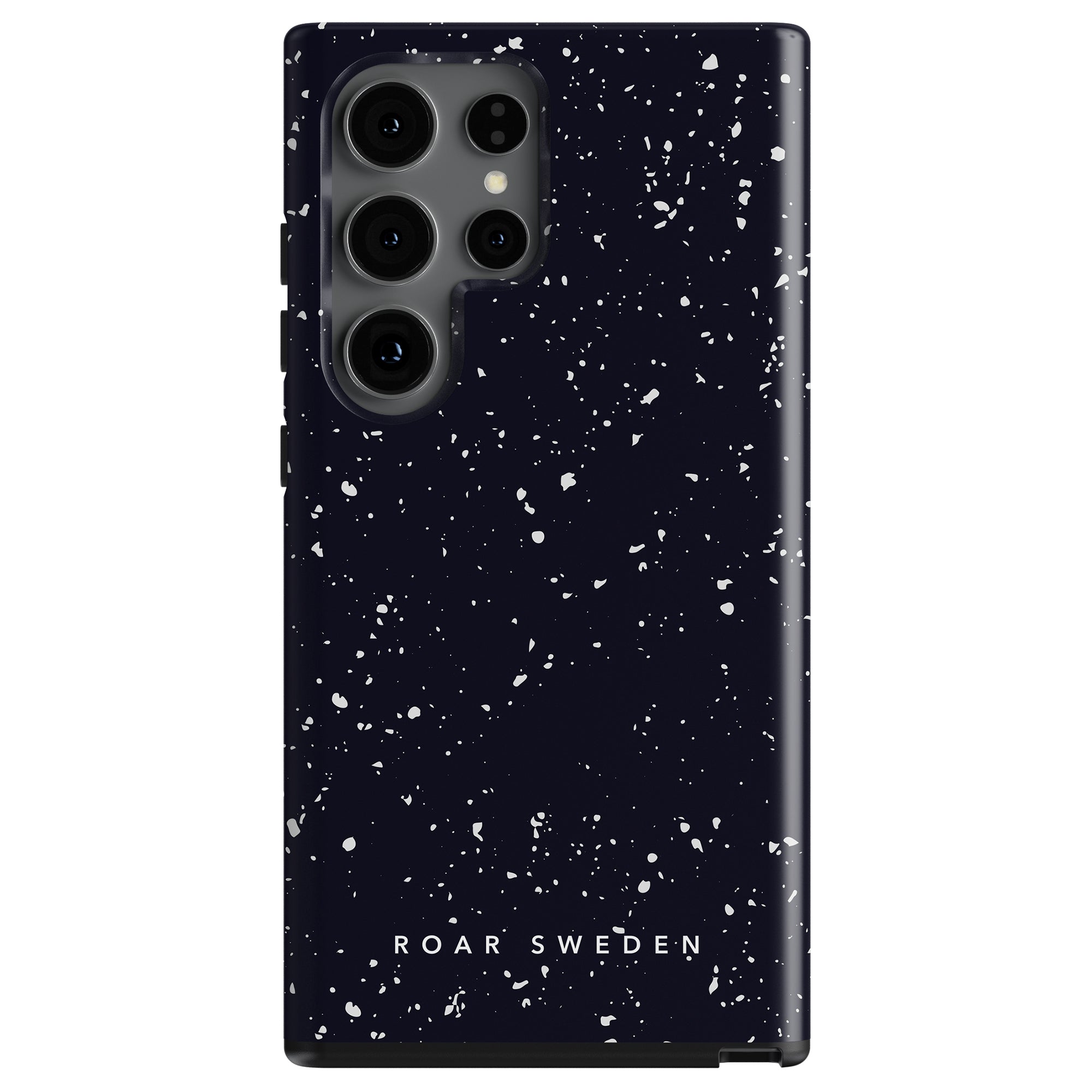 A smartphone with a Night Stars - Tough Case featuring a camera cutout and the logo "roar sweden" is known as the Night Stars tough case.