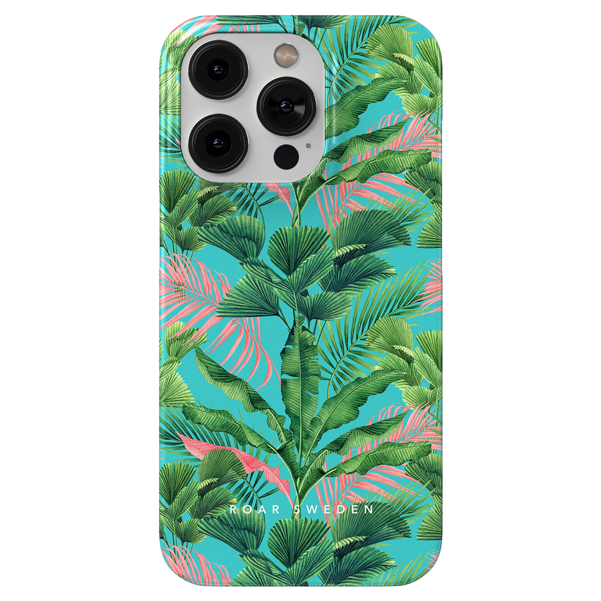 A smartphone encased in the "Palm Breeze - Slim Case," adorned with a vibrant green, pink, and teal tropical leaves design. Part of the Jungle Collection, it features the brand "ROAR SWEDEN" prominently displayed at the bottom.