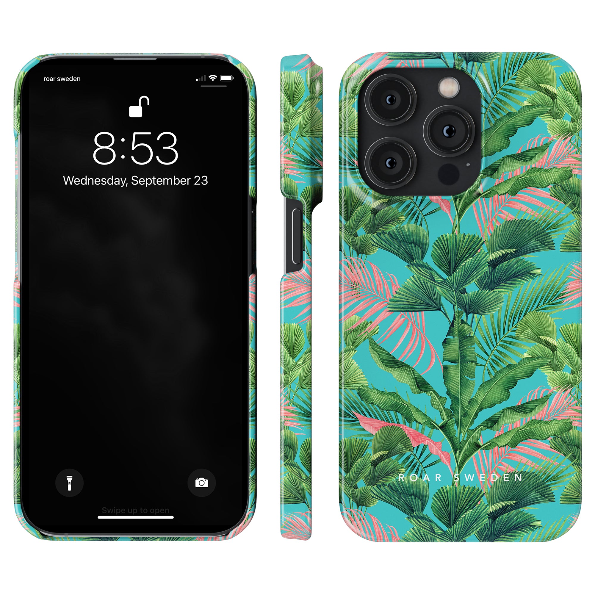 Front and back view of a smartphone with the Palm Breeze - Slim case from the Jungle Collection. The front display shows the time (8:53) and date (Wednesday, September 23).