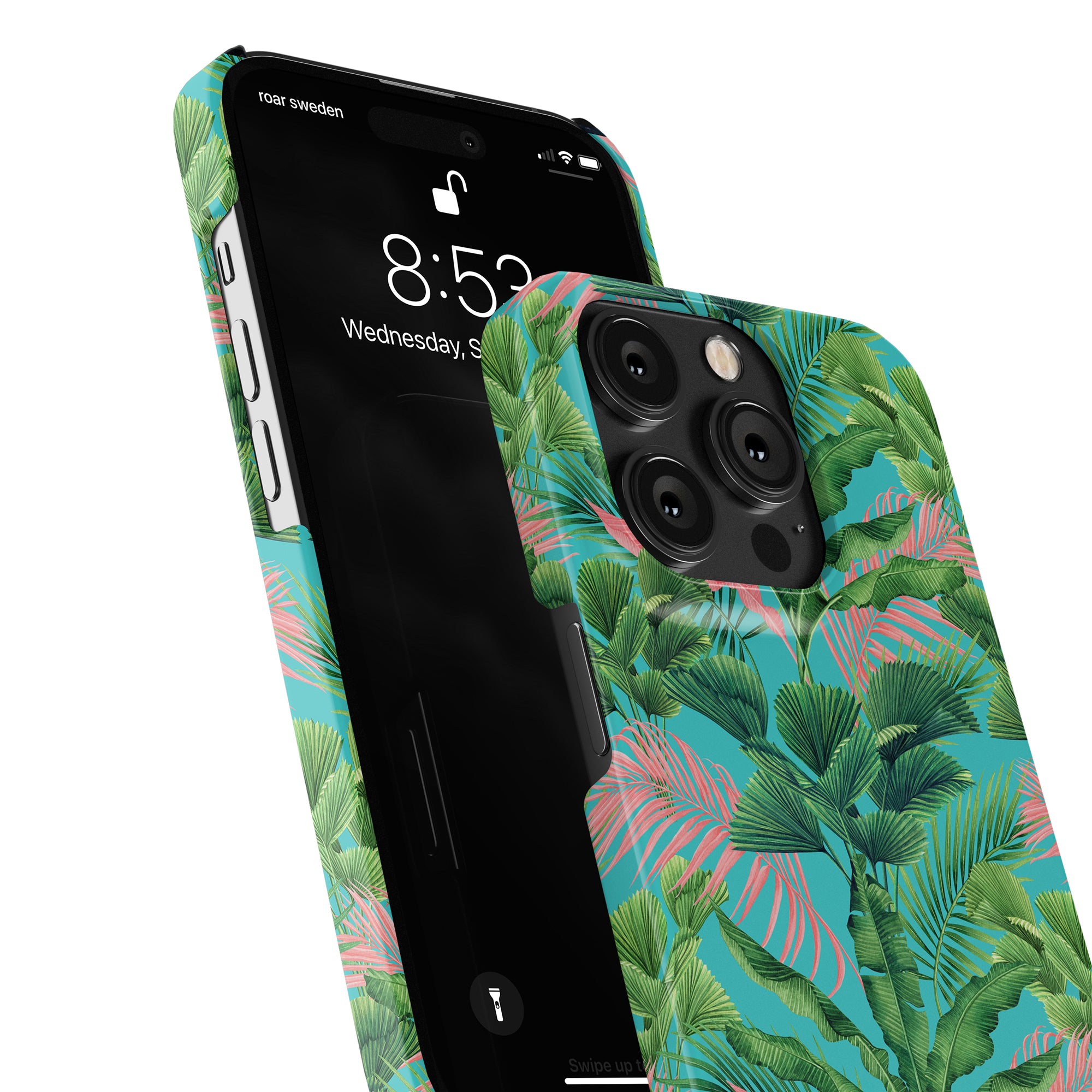 A close-up of a smartphone with the Palm Breeze slim case from the Jungle Collection. The screen displays the time 8:53 and the date Wednesday, Sept 6.