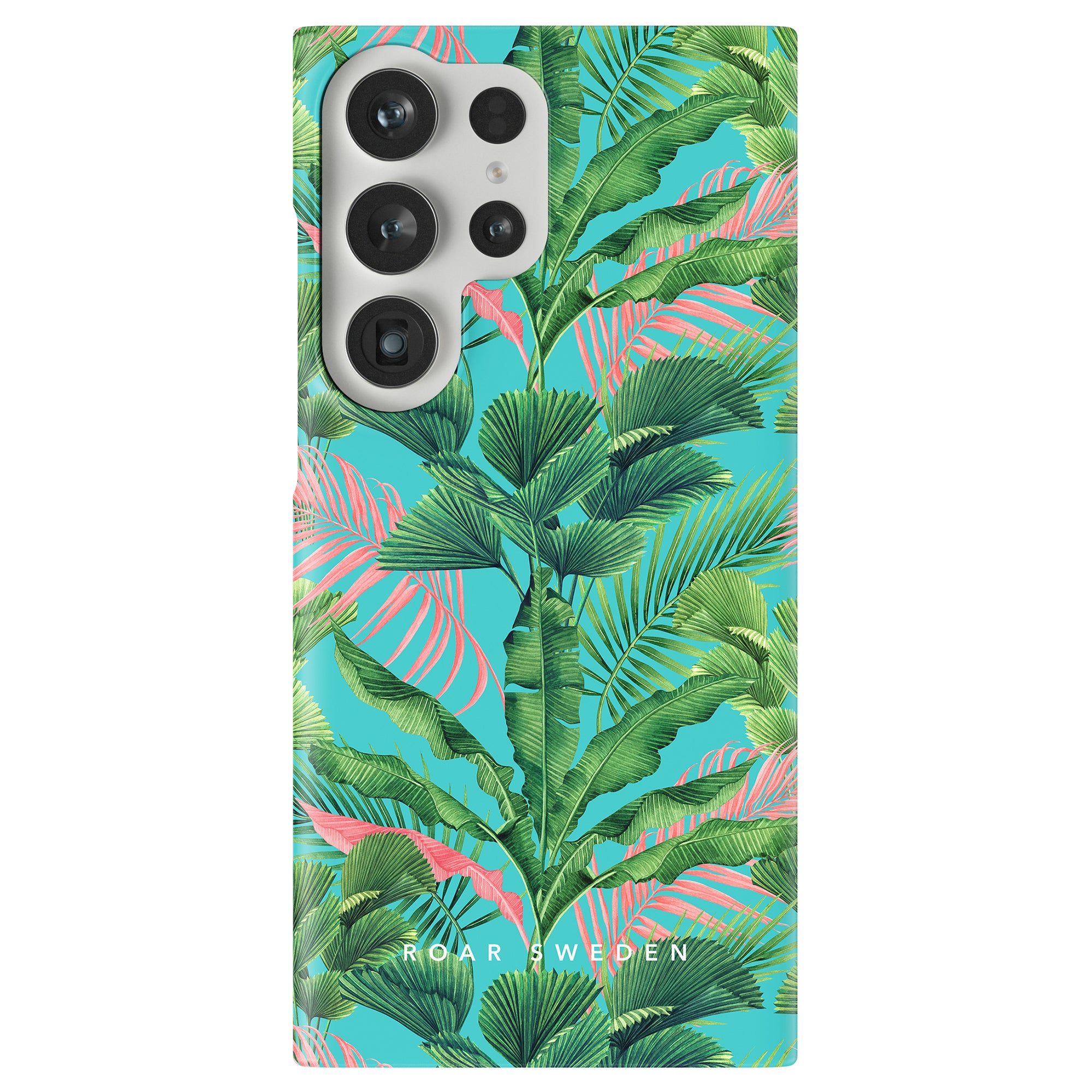 A Palm Breeze - Slim case from the Jungle Collection features green and pink palm leaves against a turquoise background. The backside showcases four camera lenses and a flash, with the brand "ROAR SWEDEN" printed below, seamlessly blending into the vibrant design.