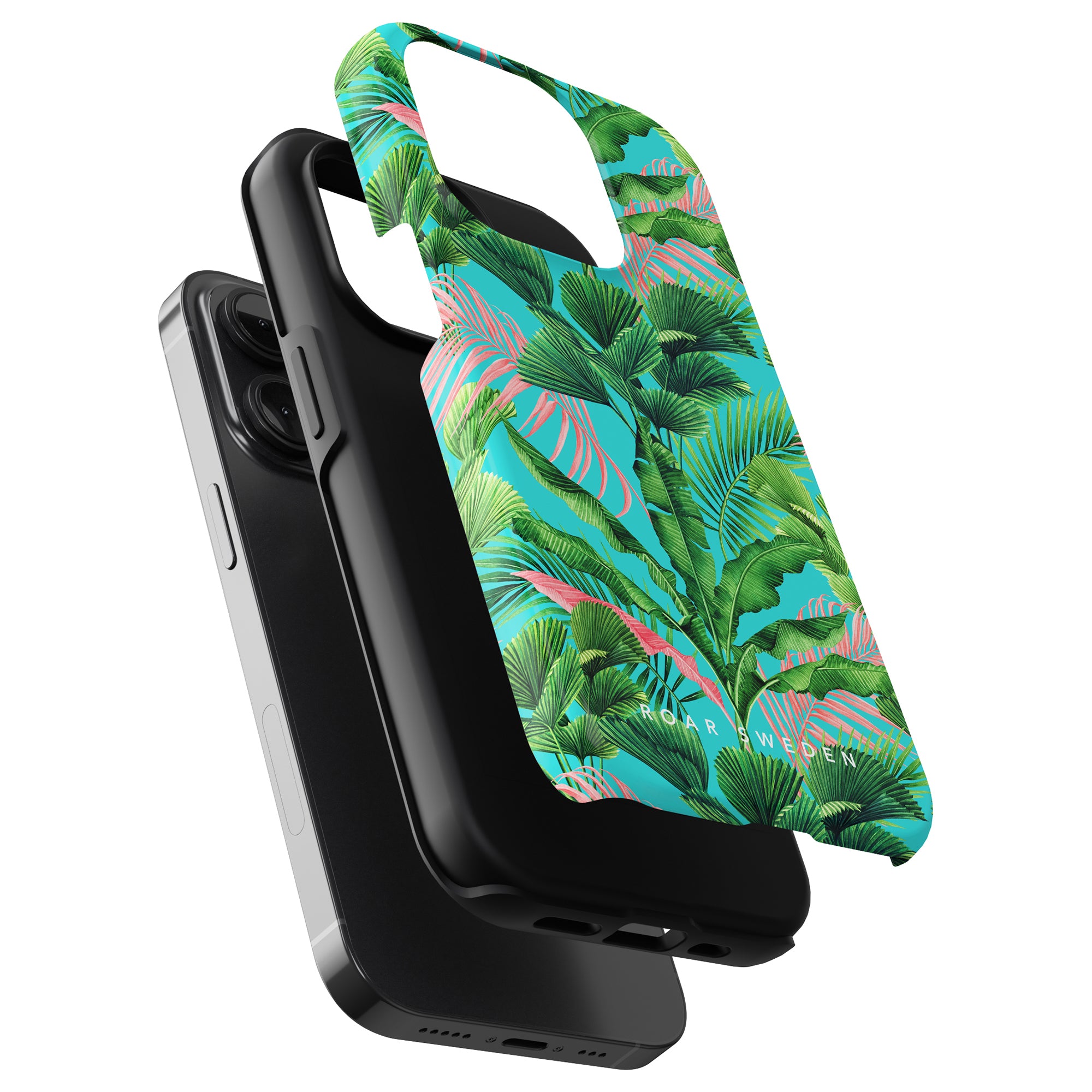 Exploded view of a smartphone with the Palm Breeze - Tough case featuring a tropical leaf pattern from the Jungle Collection.