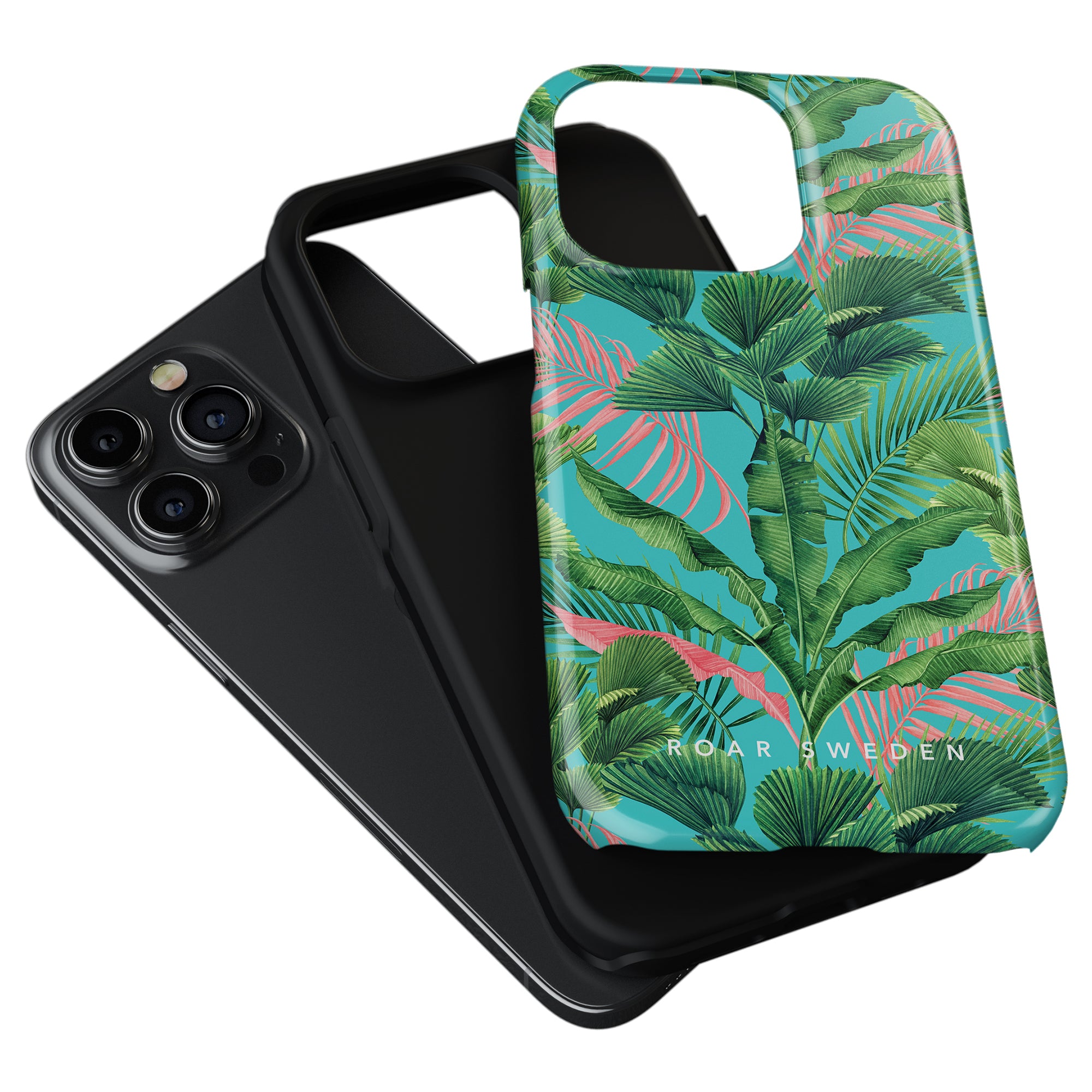 Two smartphone cases: one black and one from the Jungle Collection featuring a vibrant tropical leaf design named Palm Breeze. The tough cases are partially covering a black smartphone with a triple camera setup. The "Roar Sweden" text is visible on the Palm Breeze - Tough case.