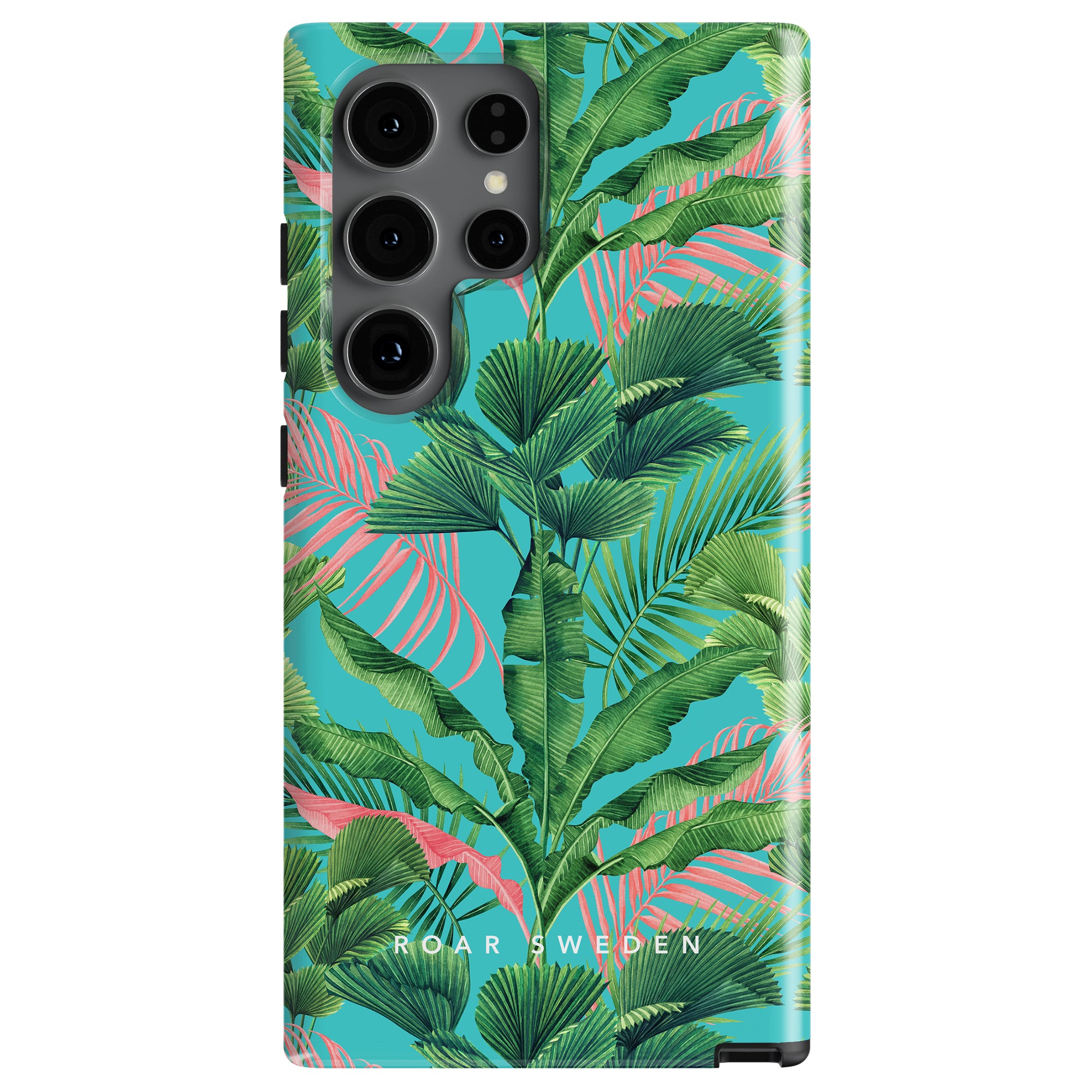 Discover the "Palm Breeze" Tough Case from the Jungle Collection, adorned with vibrant green and pink palm leaves set against a serene blue background. The case features the text "ROAR SWEDEN" at the bottom and includes four camera lens cutouts on the top left.