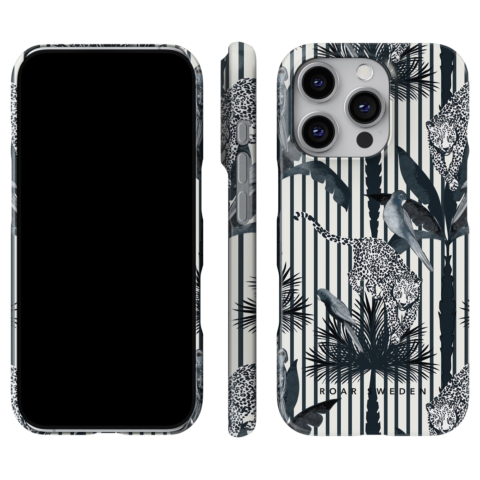 The Pardus - Slim case features a tropical design adorned with leopards, birds, and palm leaves set against a striped background. Displaying its striking appearance from the front, side, and back views, this case draws inspiration from Roar Sweden's iconic styles. It's an ideal choice for those who appreciate leopardmönster patterns infused with lively energy.