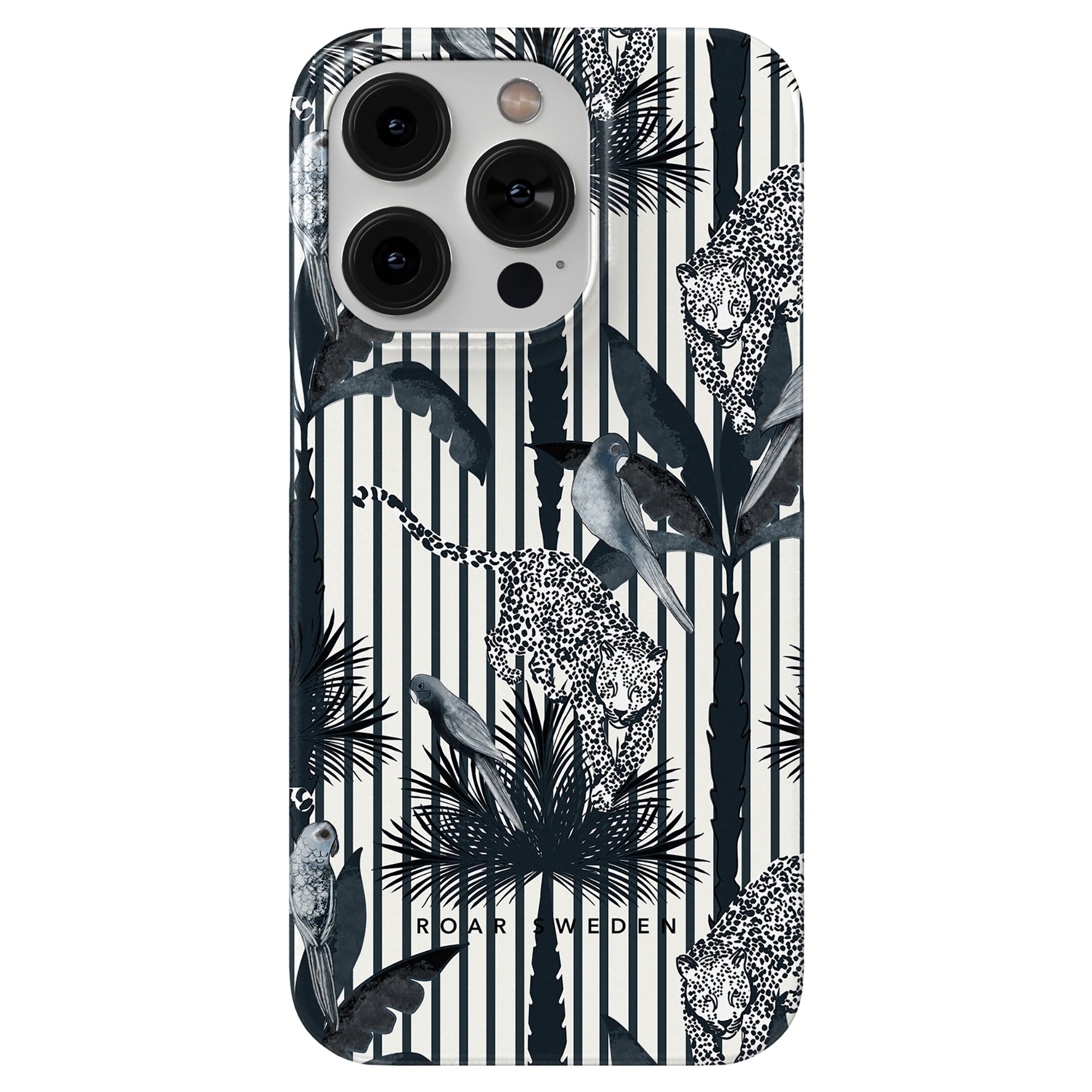 Ett svartvitt Pardus - Slim fodral med leopard och palmer, designat för att passa en smartphone.