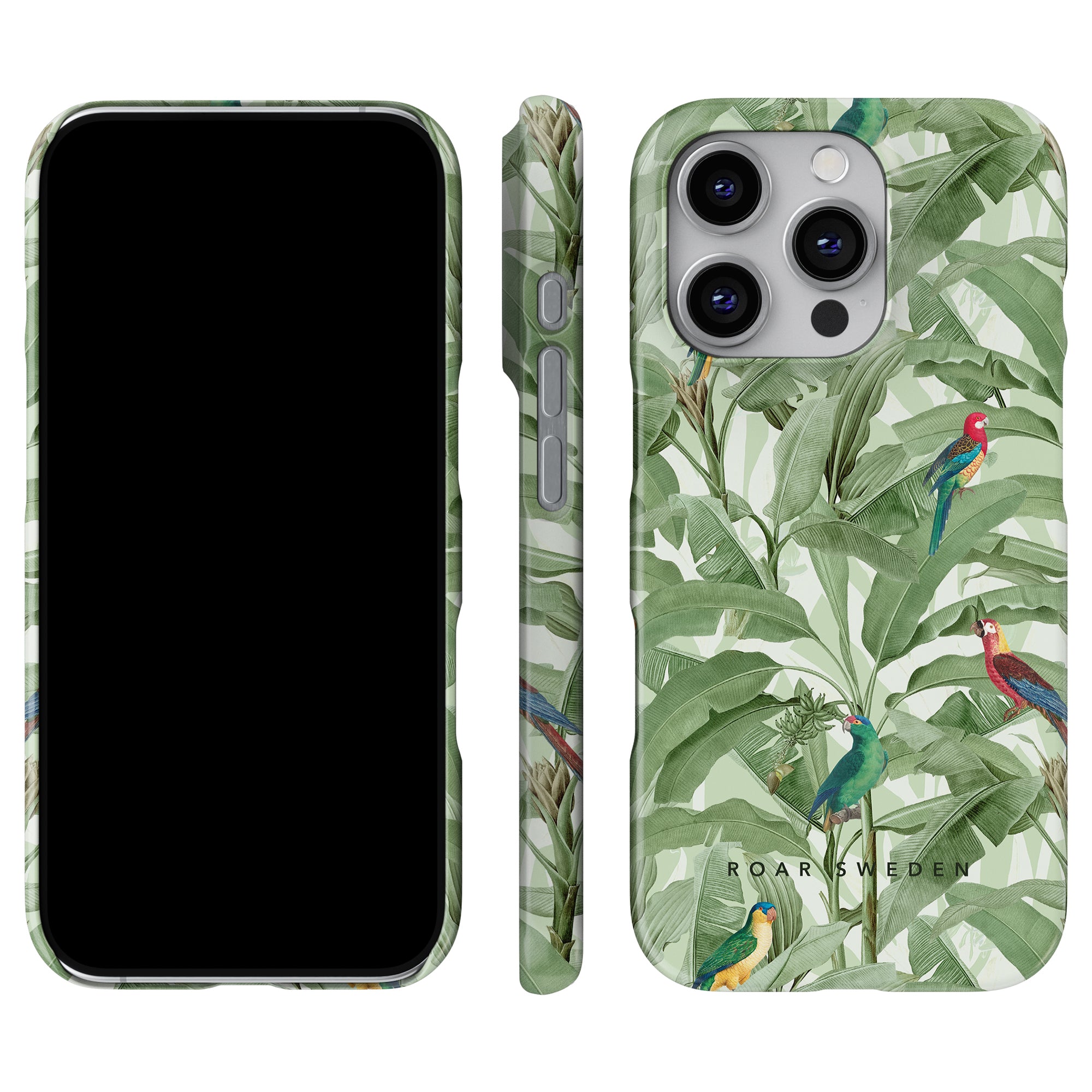 Vi presenterar Parrot Paradise - Slim fodral, en del av vår exklusiva Jungle Collection. Detta eleganta smartphonefodral har en livfull design av tropiska fåglar och löv, vackert visad från alla vinklar – fram, sida och bak.