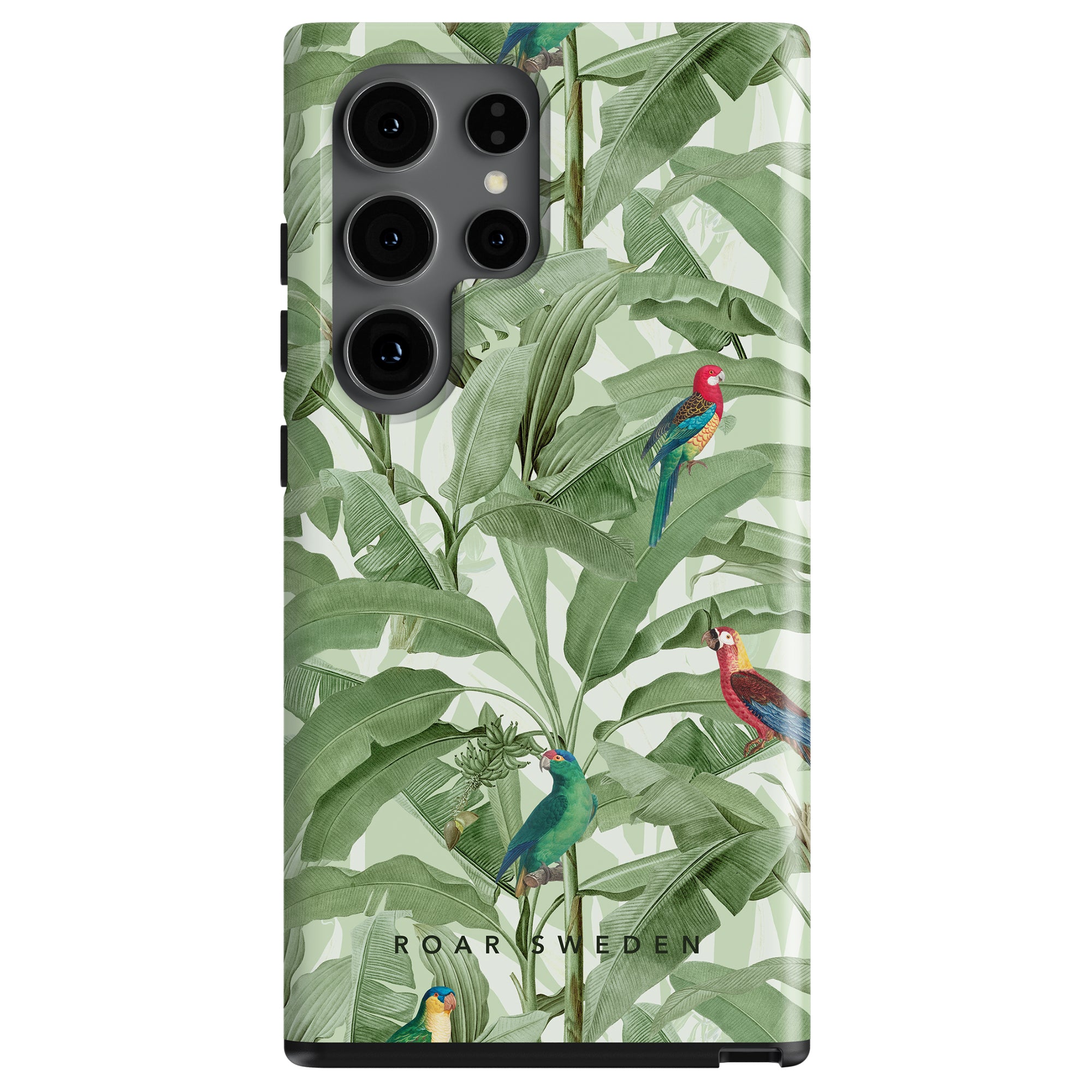 A smartphone with a Parrot Paradise - Tough Case featuring a camera module at the top.