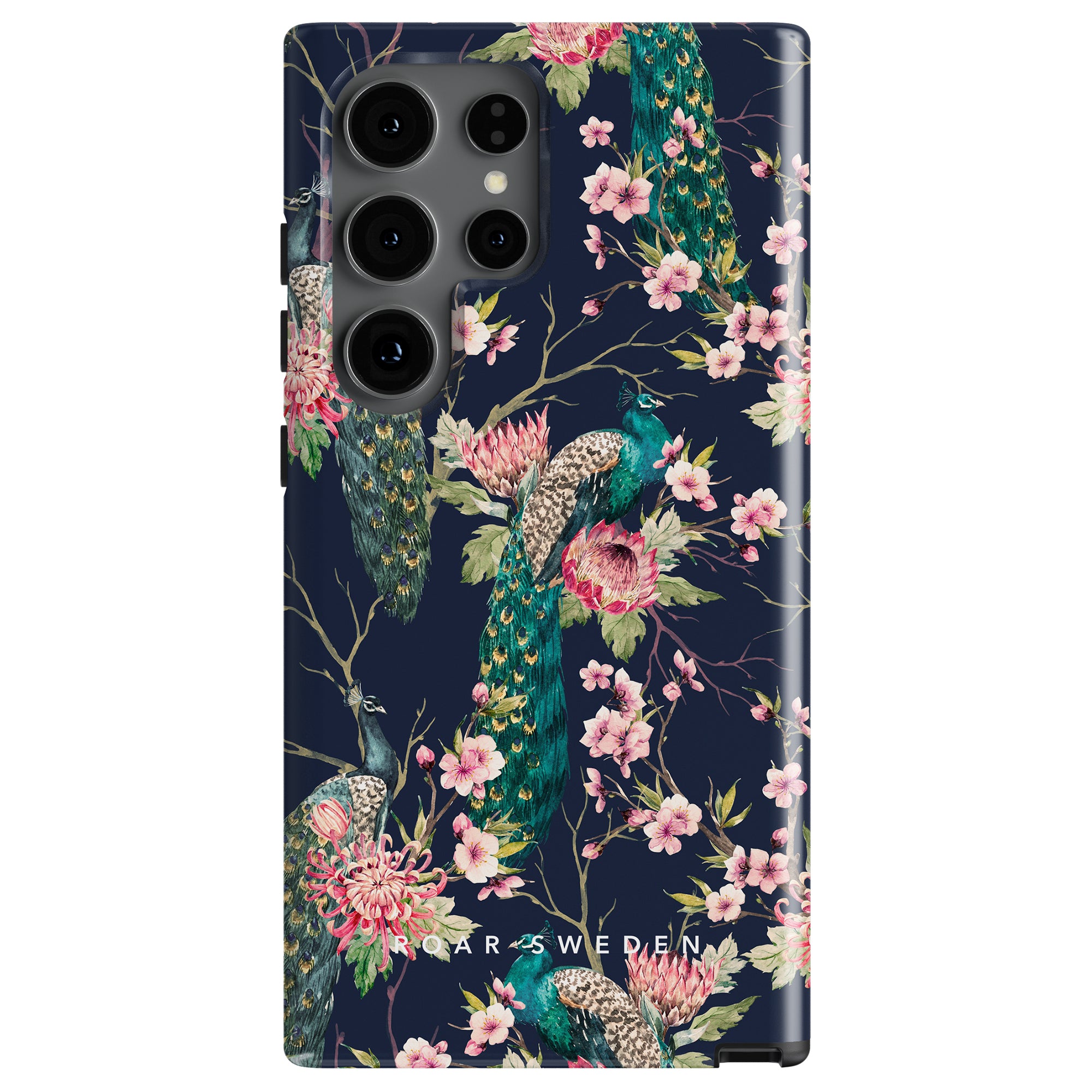 Introducing the Peafowl - Tough case—a smartphone case with a floral and peacock pattern on a dark blue background, featuring multiple peacock images interspersed with pink and cream flowers. Crafted from högkvalitativt material, this case ensures pålitligt skydd for your device.