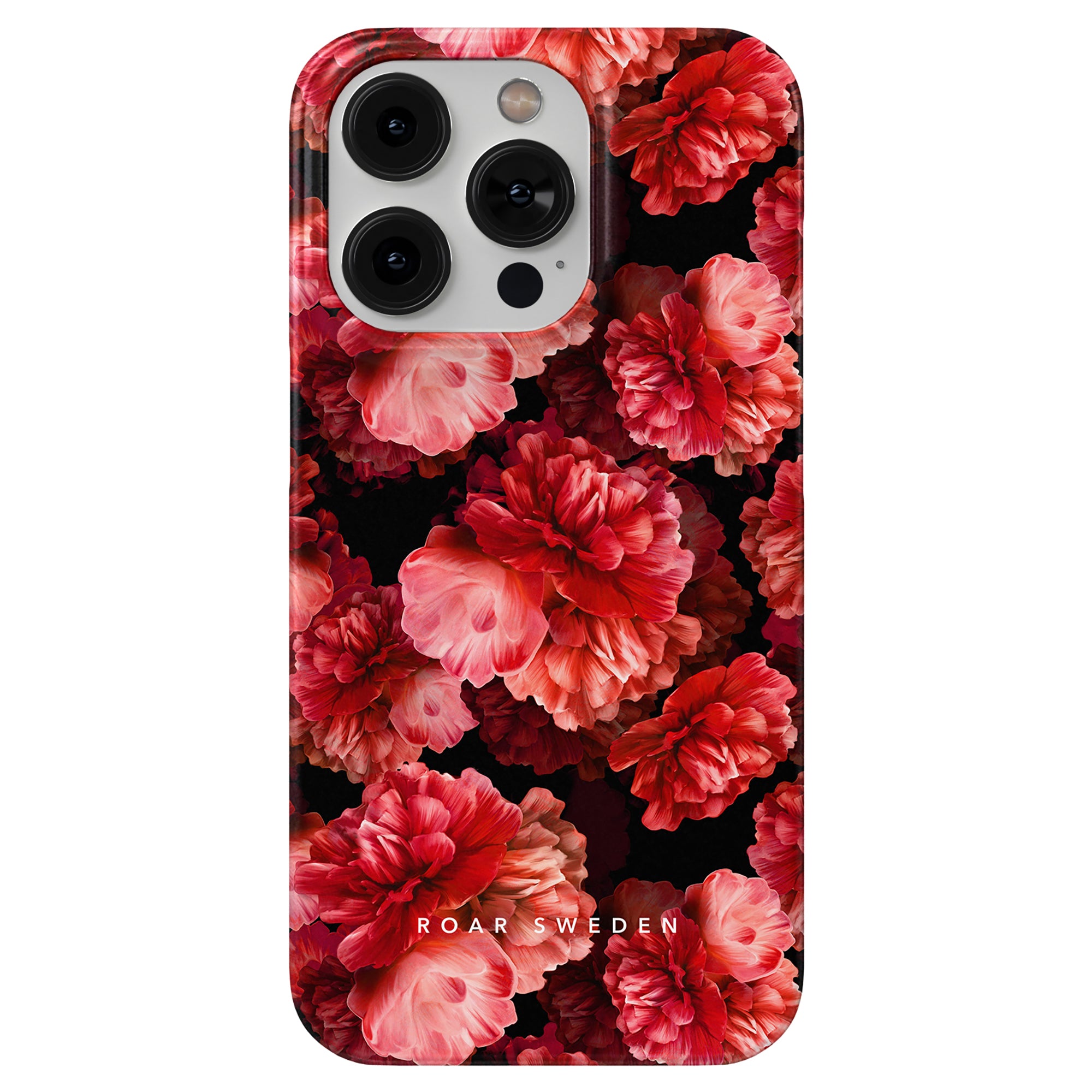 A Peonies - Slim case smartphone cover from the elegant Floral Collection, showcasing blooming peonies in red and pink hues, and the text "ROAR SWEDEN" at the bottom.