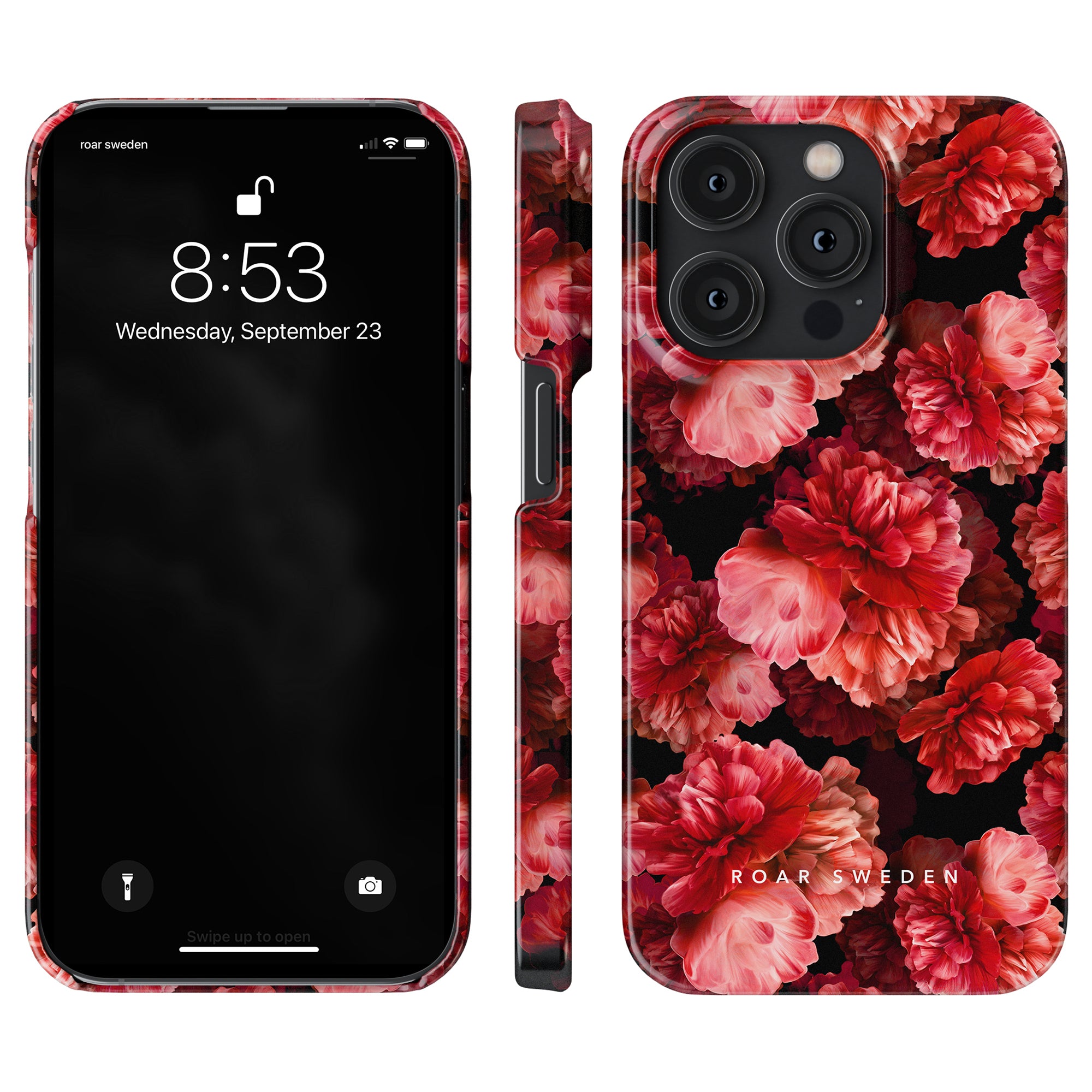 A smartphone displaying the lock screen time of 8:53 against a black background sits beside an elegant Peonies - Slim case, decorated with red and pink blooming peonies. The brand name "Roar Sweden" is proudly showcased on the case.