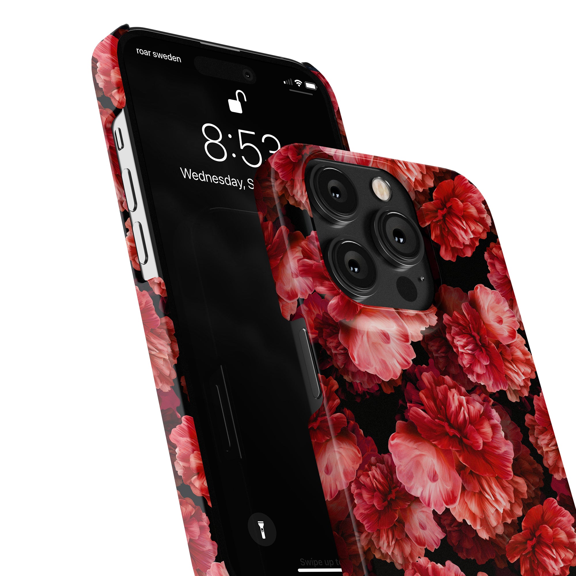 Close-up of a smartphone in the Peonies - Slim case with an elegant Floral Collection design featuring red blooming peonies, displaying the time 8:52 on the lock screen and partially showing the phone's camera lenses.