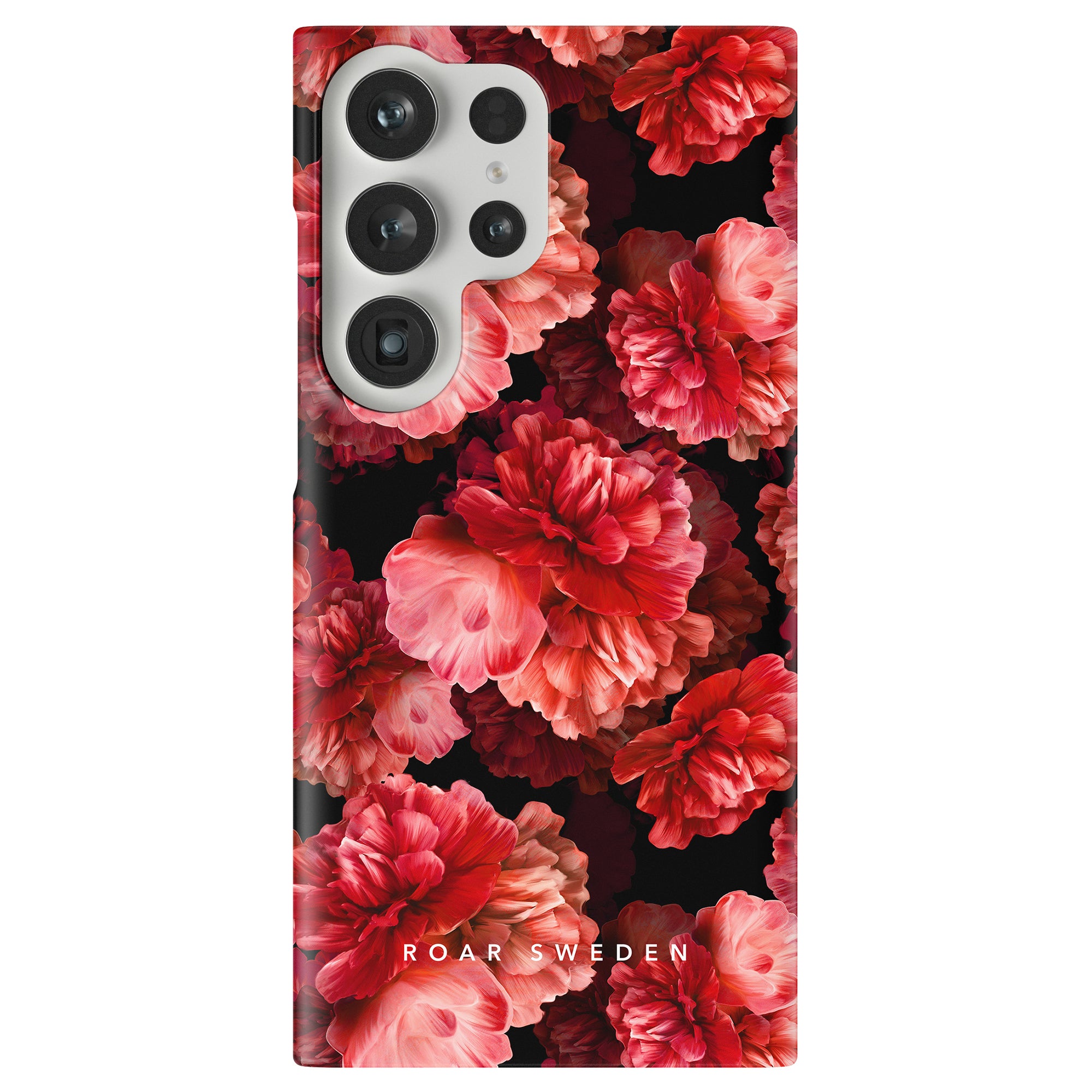 Peonies - Slim case adorned with a vibrant floral design in shades of red and pink on a black background from the eleganta Floral Collection, featuring the printed text "Roar Sweden" near the bottom.