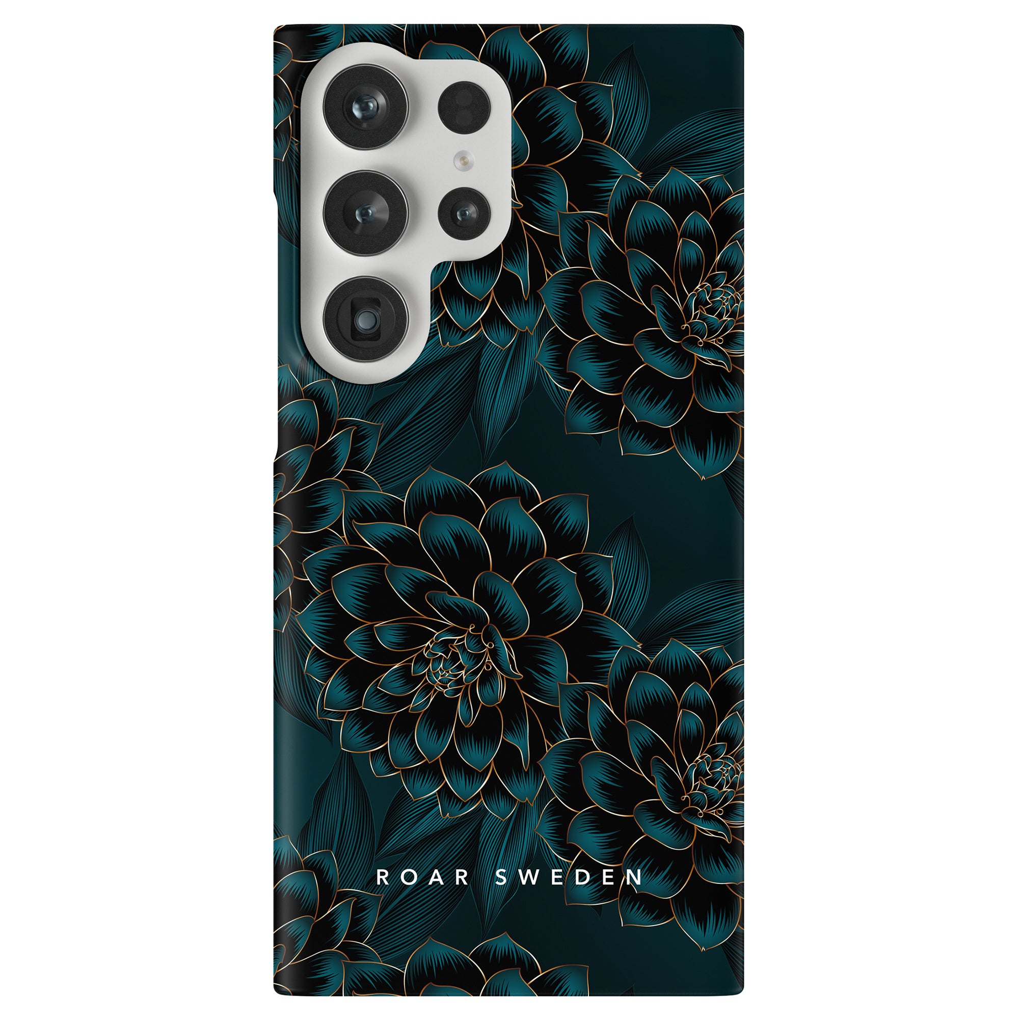 Ett telefonfodral med svart och blått blommönster, som erbjuder både skydd och stil. Vi introducerar Petrol - Slim fodral, som kombinerar skydd och design sömlöst till ett fantastiskt tillbehör.