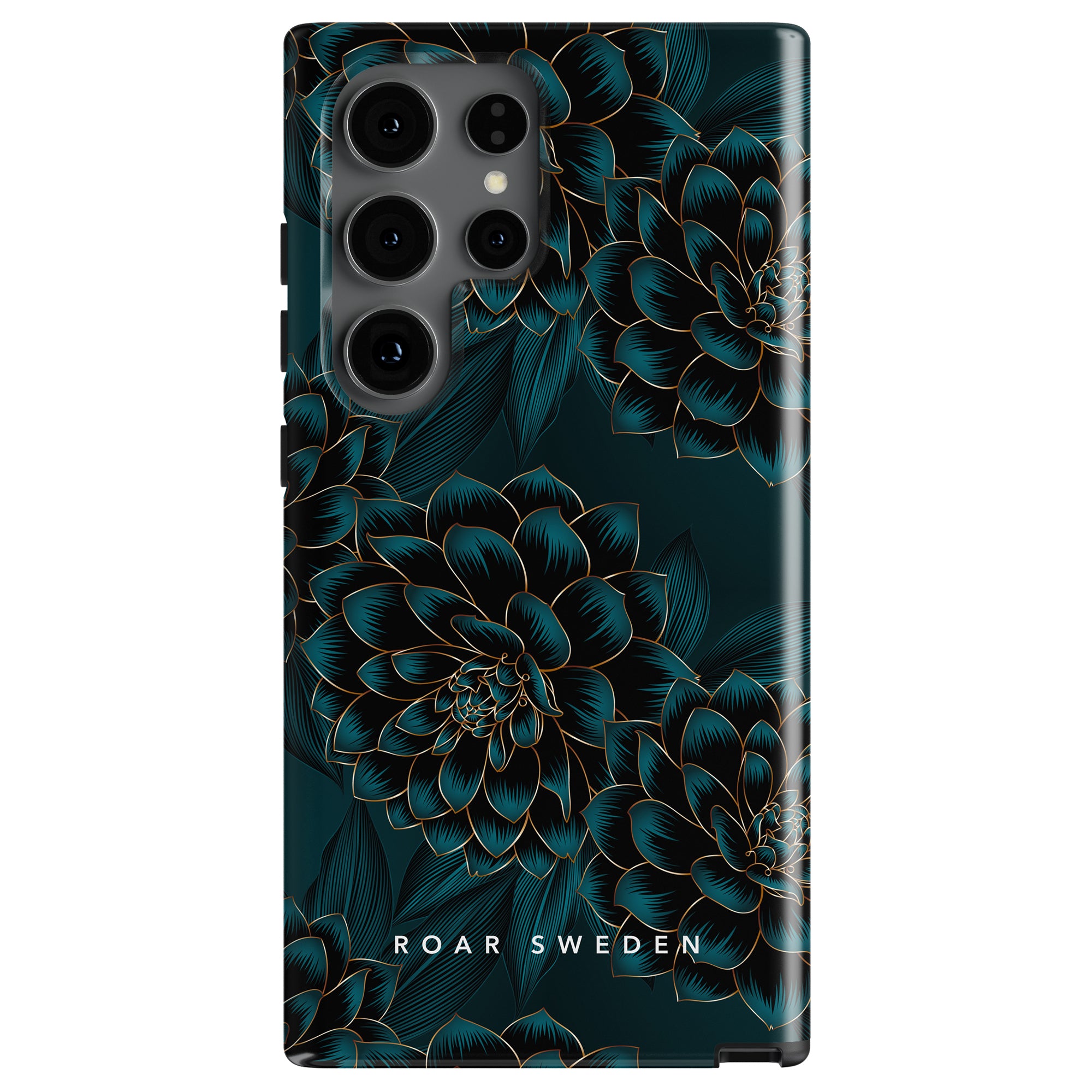 A smartphone with a dark floral patterned Petrol - Tough Case displaying the brand name "Roar Sweden" at the bottom.