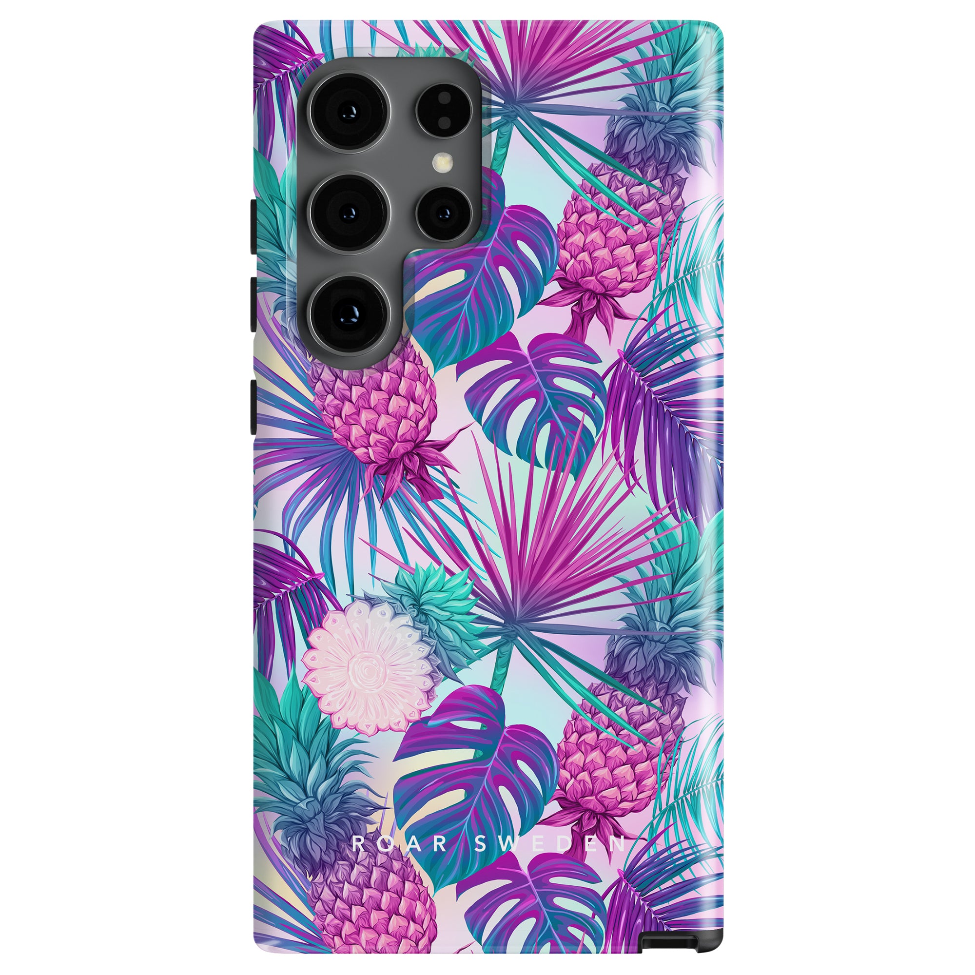 Introducing the Pineapple Party - Tough case: a smartphone case with a colorful tropical design, featuring pink and purple pineapples, and blue and green palm leaves. Perfect for a tropisk fest, this case is crafted from hållbart material skydd ensuring both style and durability.