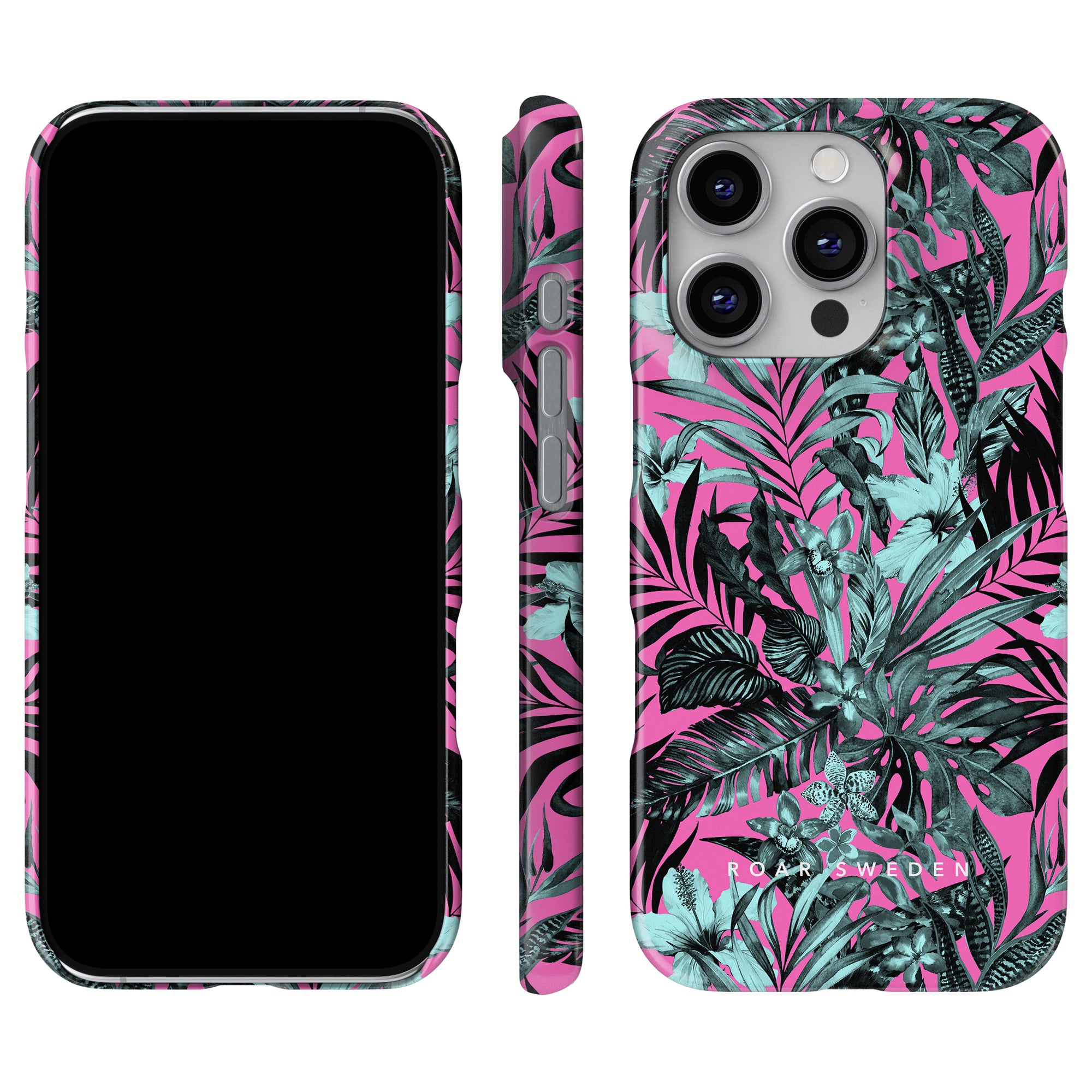 Utforska Pink Jungle - Slim Case, en livlig mobilskal med en slående rosa och blå tropisk lövdesign. Detta smartphoneskydd, som visas framifrån, bakifrån och från sidorna, erbjuder både stil och skydd.