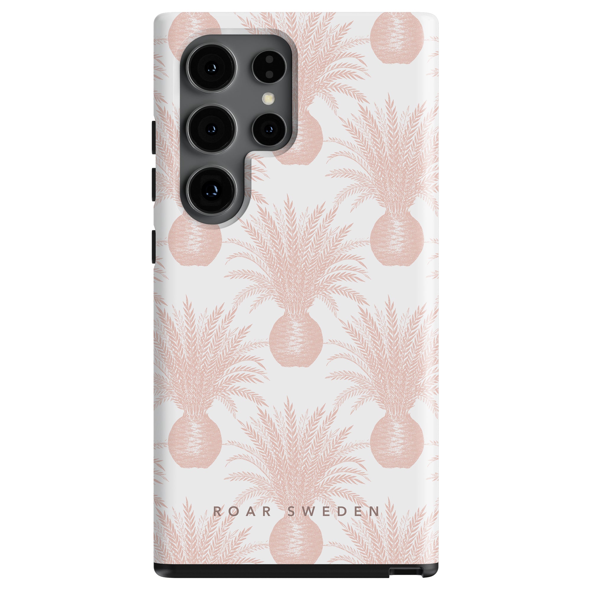 A smartphone with a Pink Pineapple - Tough Case and triple camera setup.