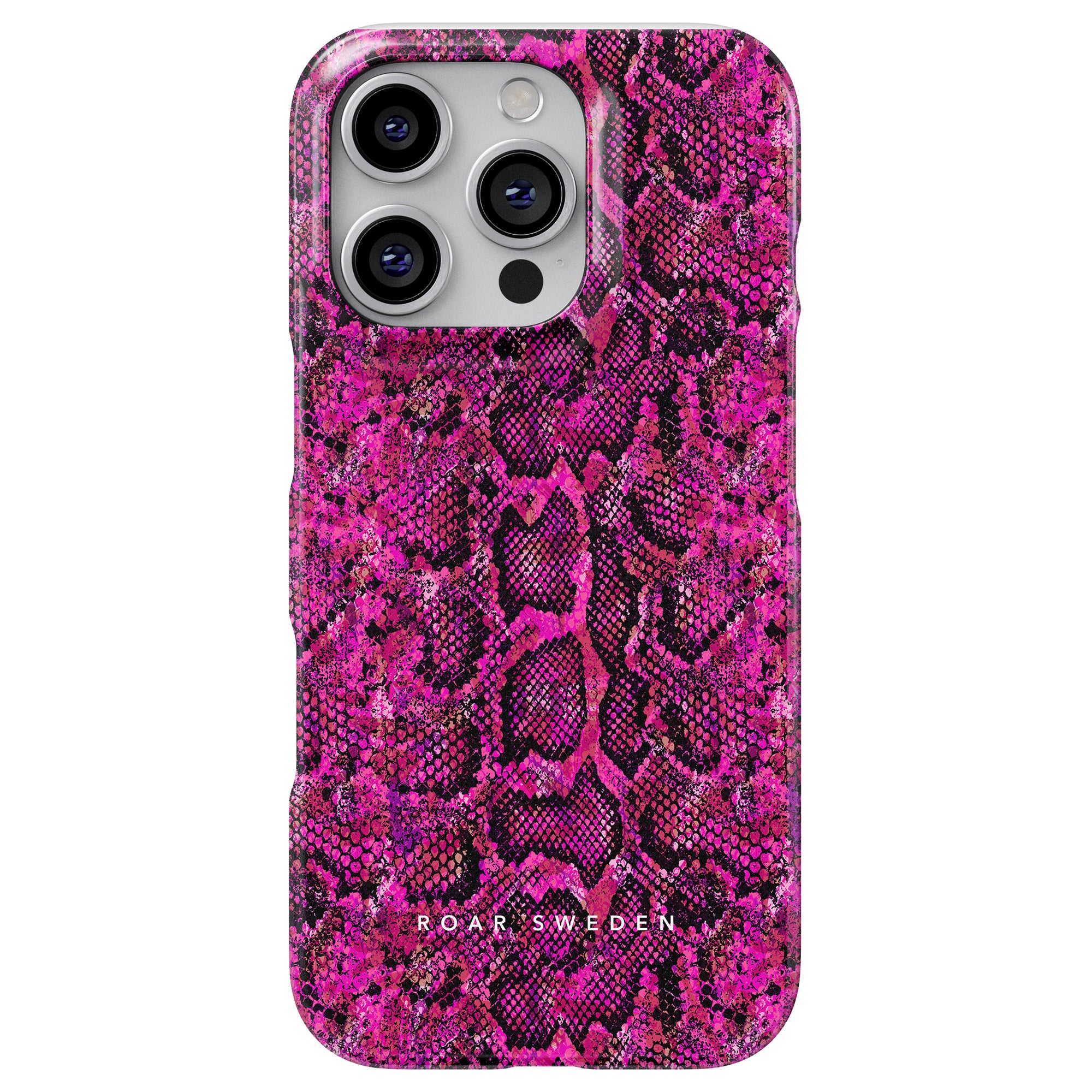 Pink Snake - Slim fodral från ROAR Sweden har ett rosa och svart ormskinnsmönster med exakta utskärningar för dina smartphones kameralinser.