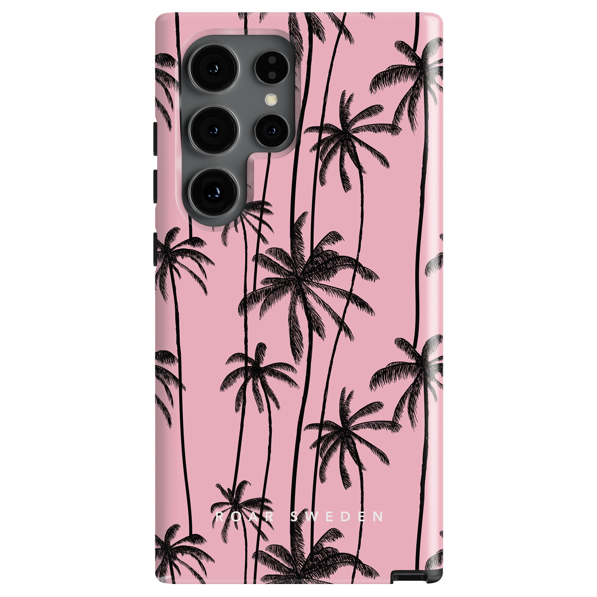A Pink Palms - Tough case with a black palm tree design, featuring a cutout for a multi-lens camera.