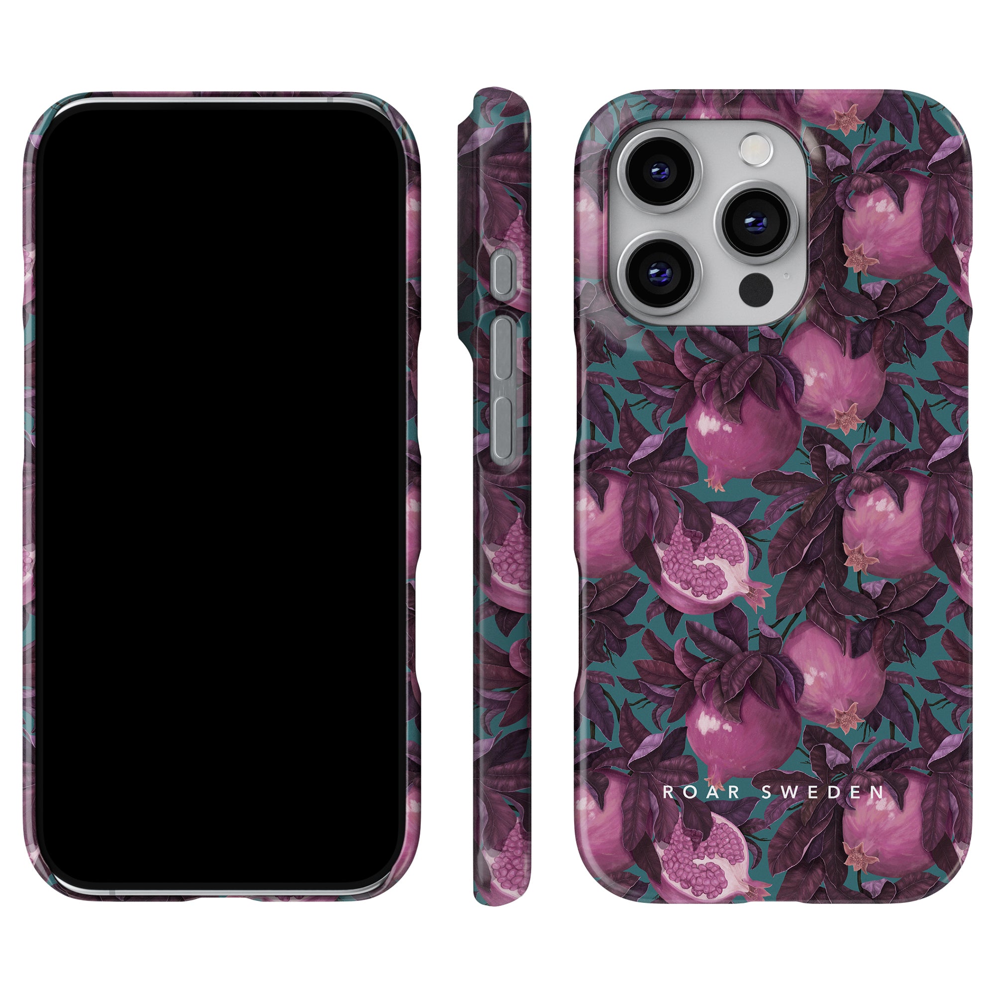 En elegant smartphone som elegant visas med Pomegranate - Slim fodral, med ett levande blommönster prydt med granatäpplen, framifrån, från sidan och bakifrån.