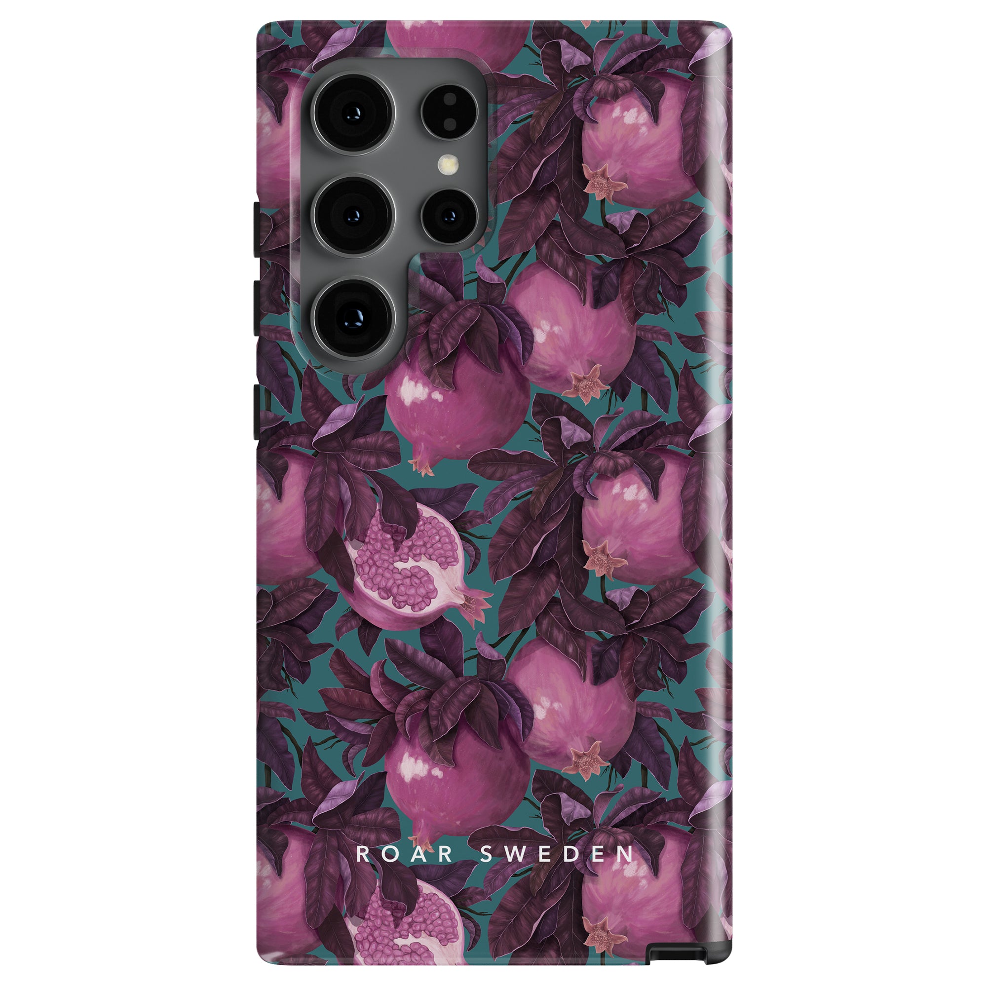 A Pomegranate - Tough Case with a vibrant pomegranate pattern in shades of pink and purple, featuring the text "ROAR SWEDEN" at the bottom. The fräsch design offers both a stylish look and robust skydd for your smartphone.