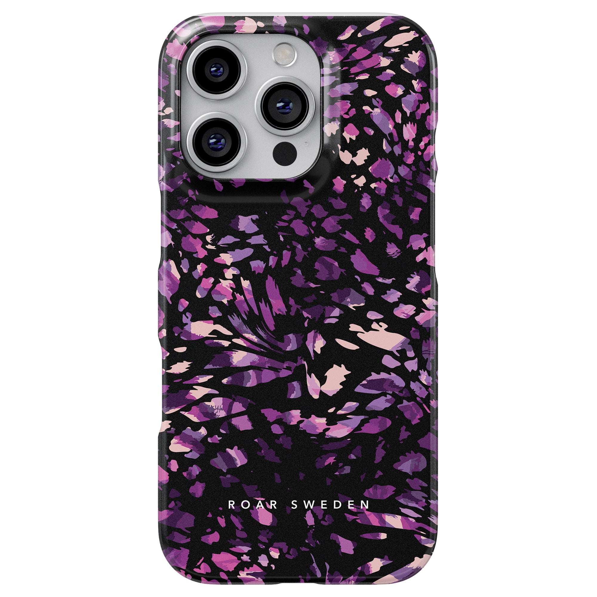 Roar Sweden presenterar "Purple Spots - Slim case", ett smartphonetillbehör med en elegant design med ett svart och lila abstrakt blommönster.