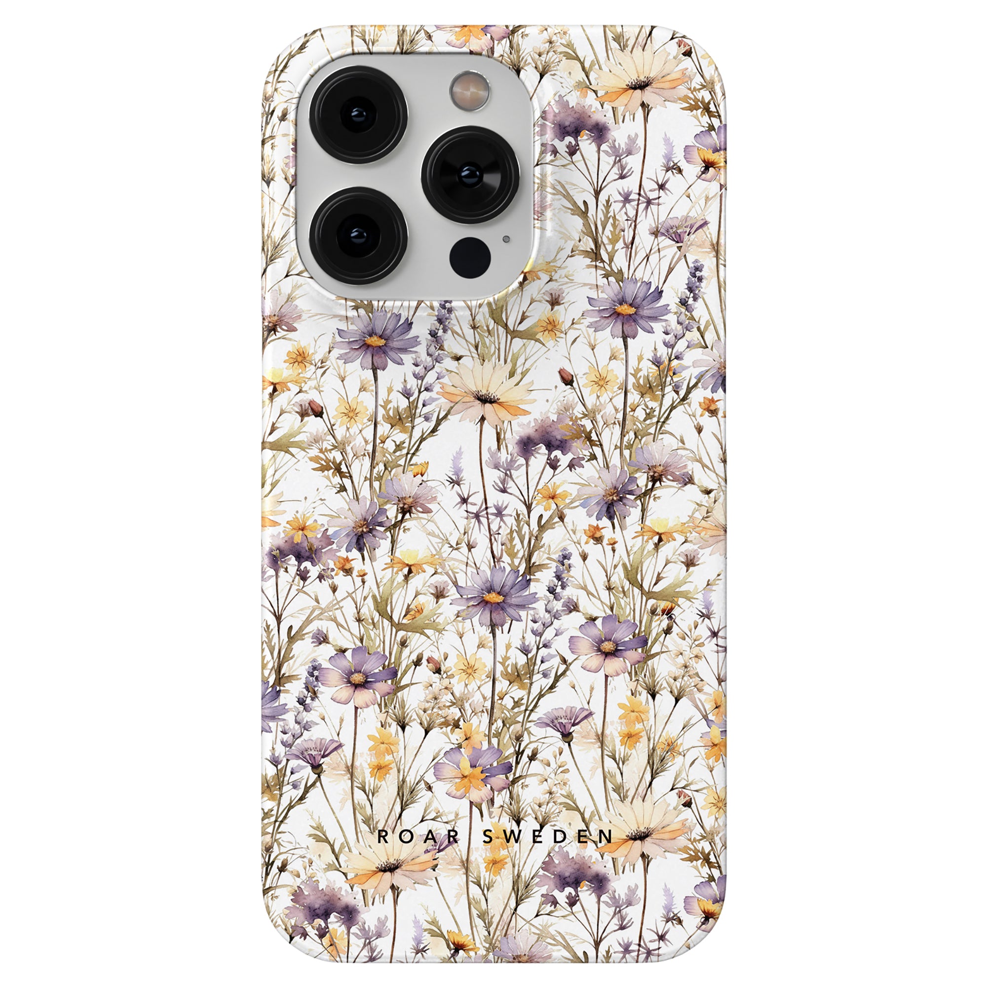 A smartphone with a Purple Wildflower - Slim case displaying various purple, yellow, and white flowers and green stems from the Flower Collection. "Roar Sweden" is printed at the bottom.