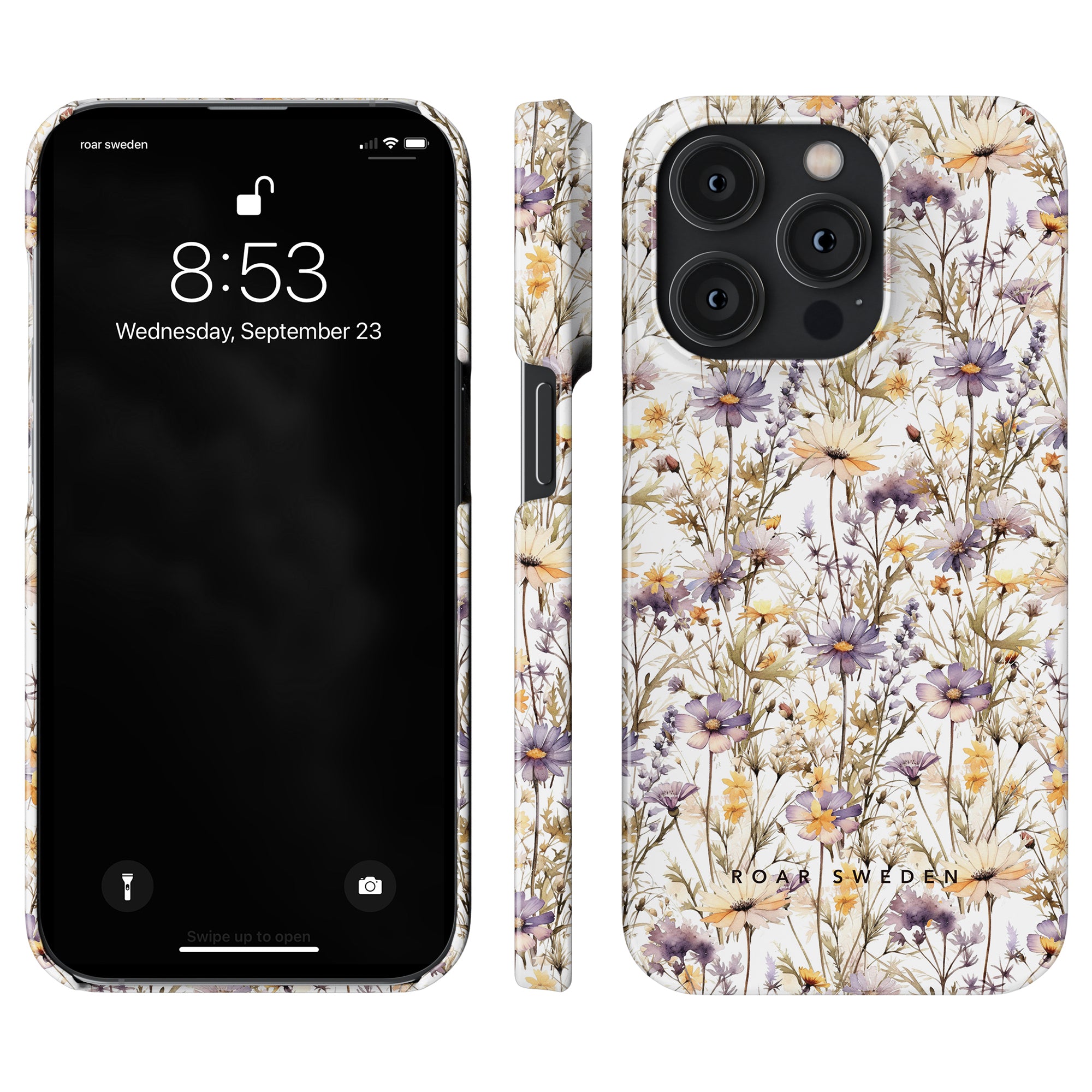 Purple Wildflower - Slim case from the Flower Collection showing the lock screen at 8:53 AM, Wednesday, September 23. The slim case features a design of daisies and other flowers in muted colors with purple wildflower accents and the brand 'ROAR SWEDEN.'