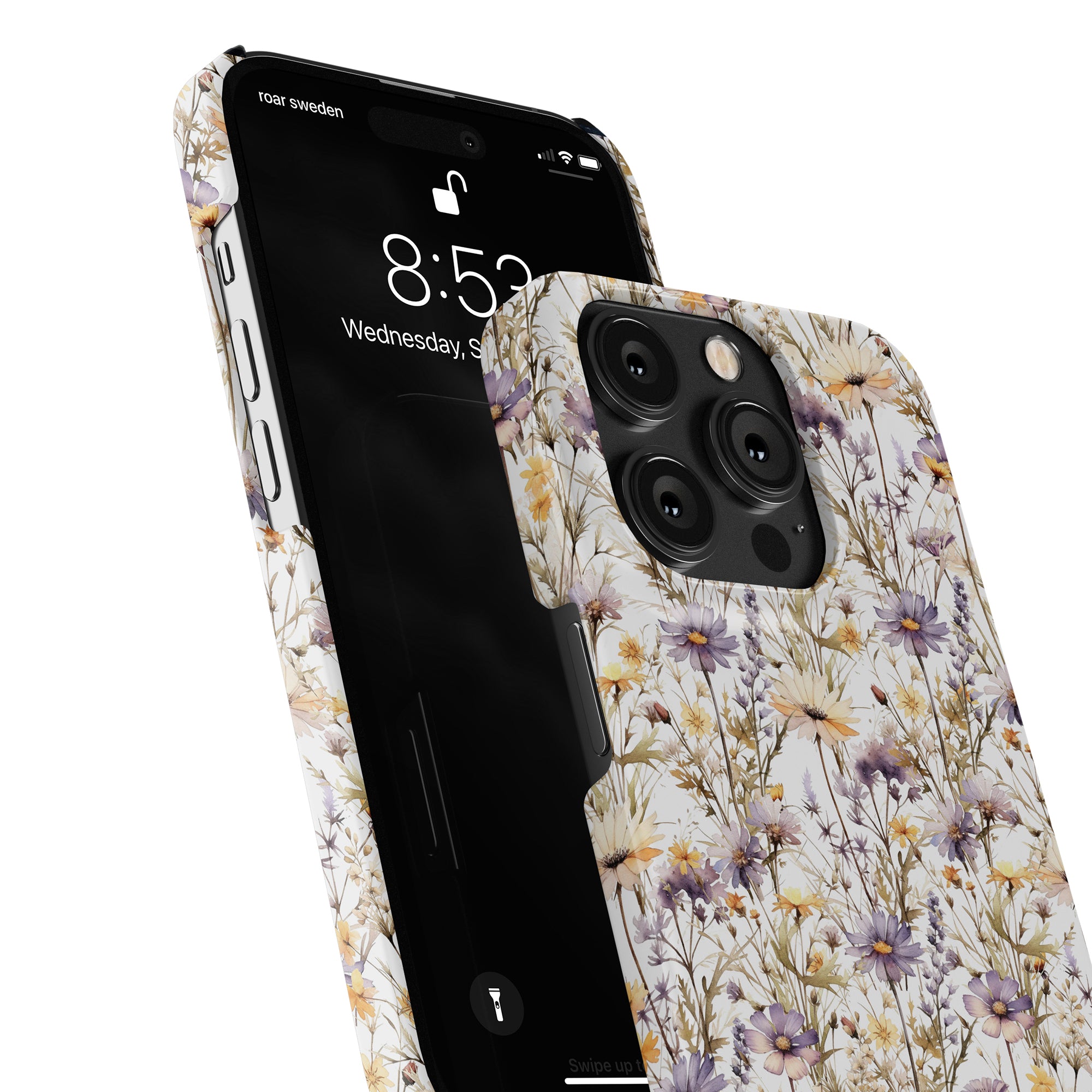 A close-up of a smartphone with a Purple Wildflower - Slim Case featuring a floral pattern. The phone's screen displays the time, 8:52, and the date, Wednesday, September 6.