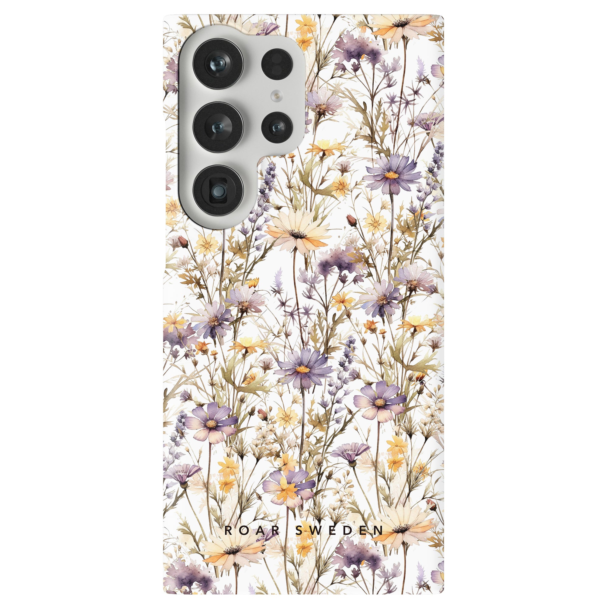 A smartphone with multiple camera lenses is encased in a Purple Wildflower - Slim case, adorned with purple and yellow flowers. The text "ROAR SWEDEN" is printed near the bottom.