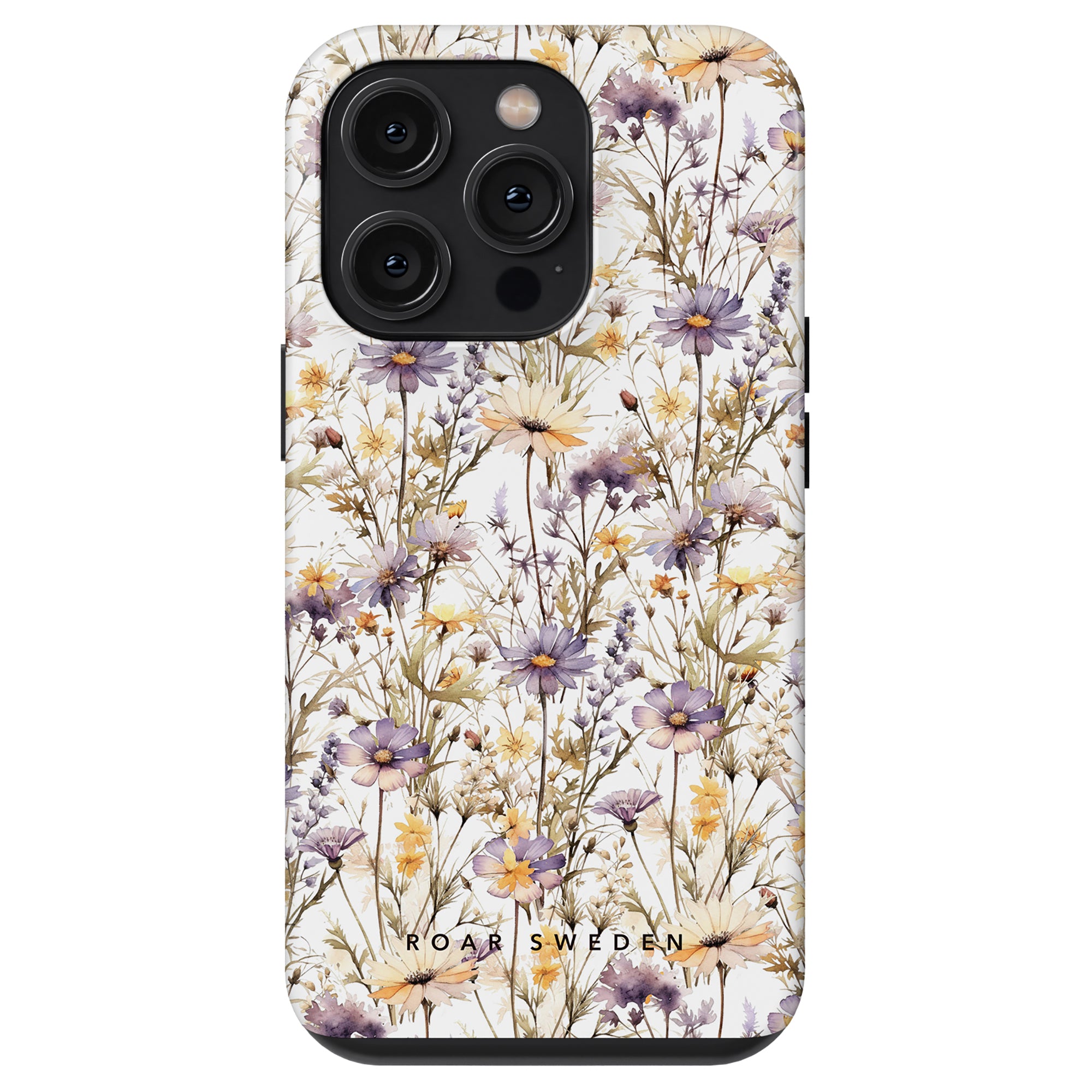 A Purple Wildflower - Tough Case with a floral-patterned design featuring purple, yellow, and white flowers from the Floral Collection, branded "Roar Sweden" at the bottom.