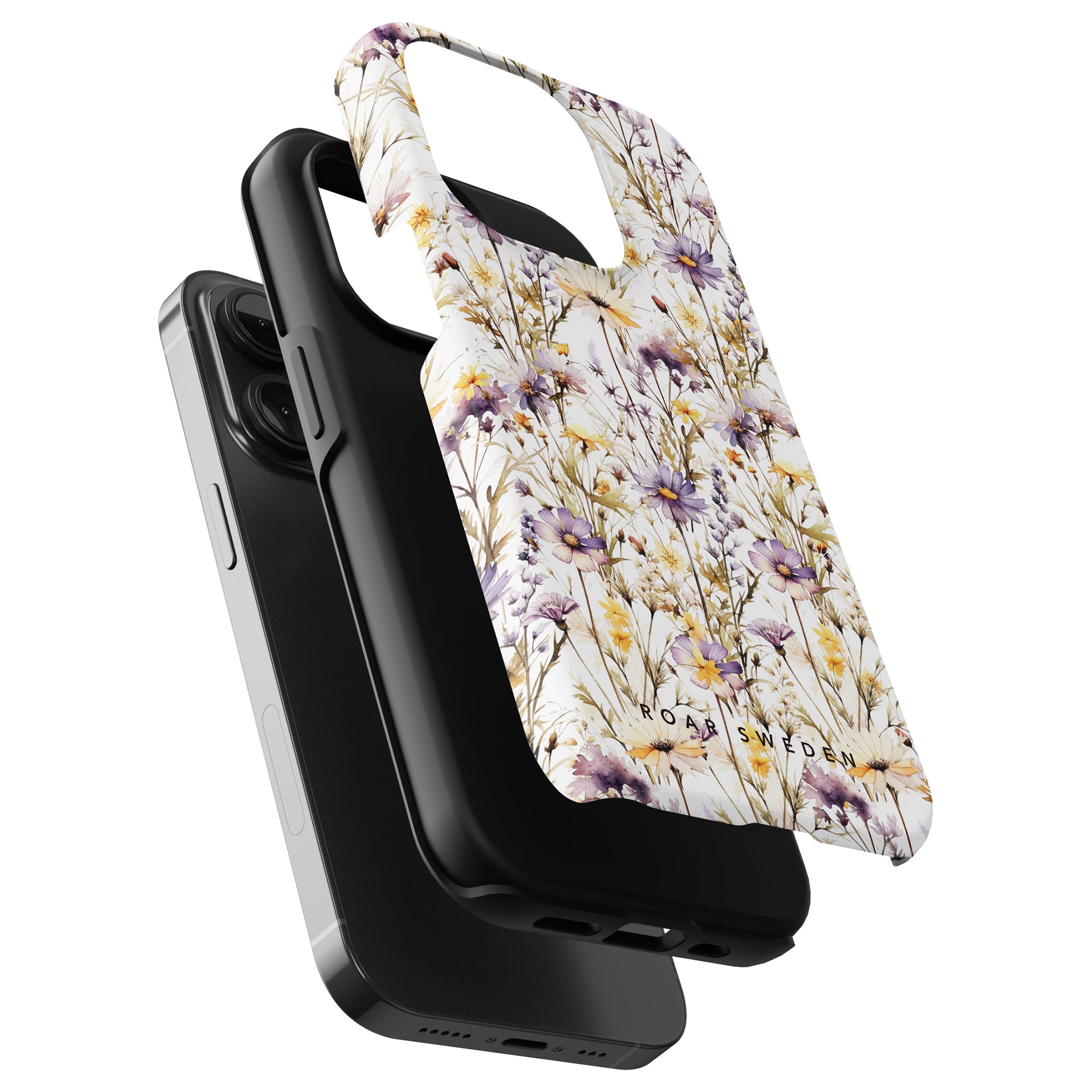 Three iPhone cases are stacked. The top case is a Purple Wildflower - Tough Case featuring a purple and yellow flower design. The middle case is black and partially transparent, while the bottom tough case is solid black.