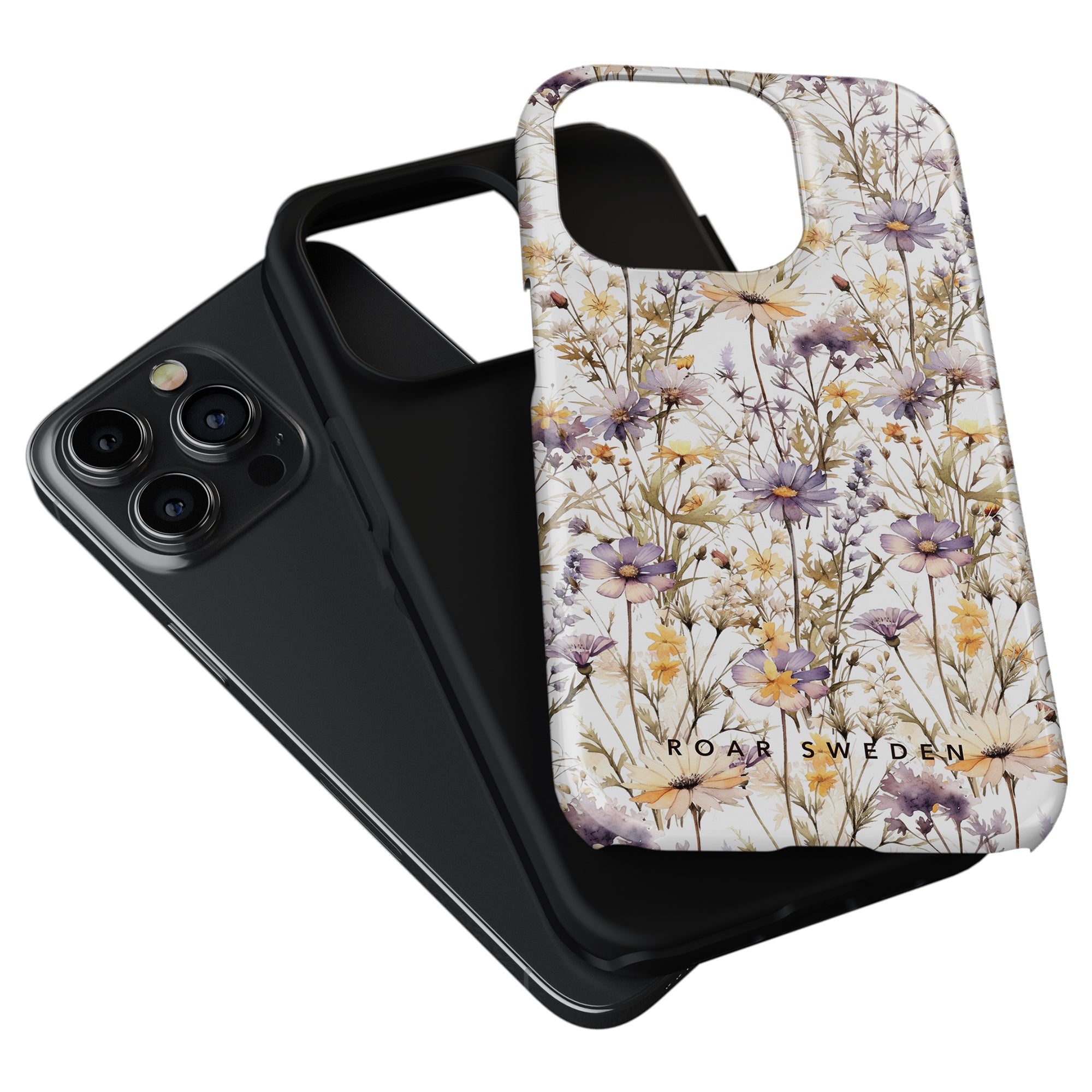 Two phone cases: one black and one with a floral design labeled "ROAR SWEDEN." The Purple Wildflower - Tough Case, adorned with Purple Wildflower patterns, offers both style and durability for your smartphone with triple rear cameras.