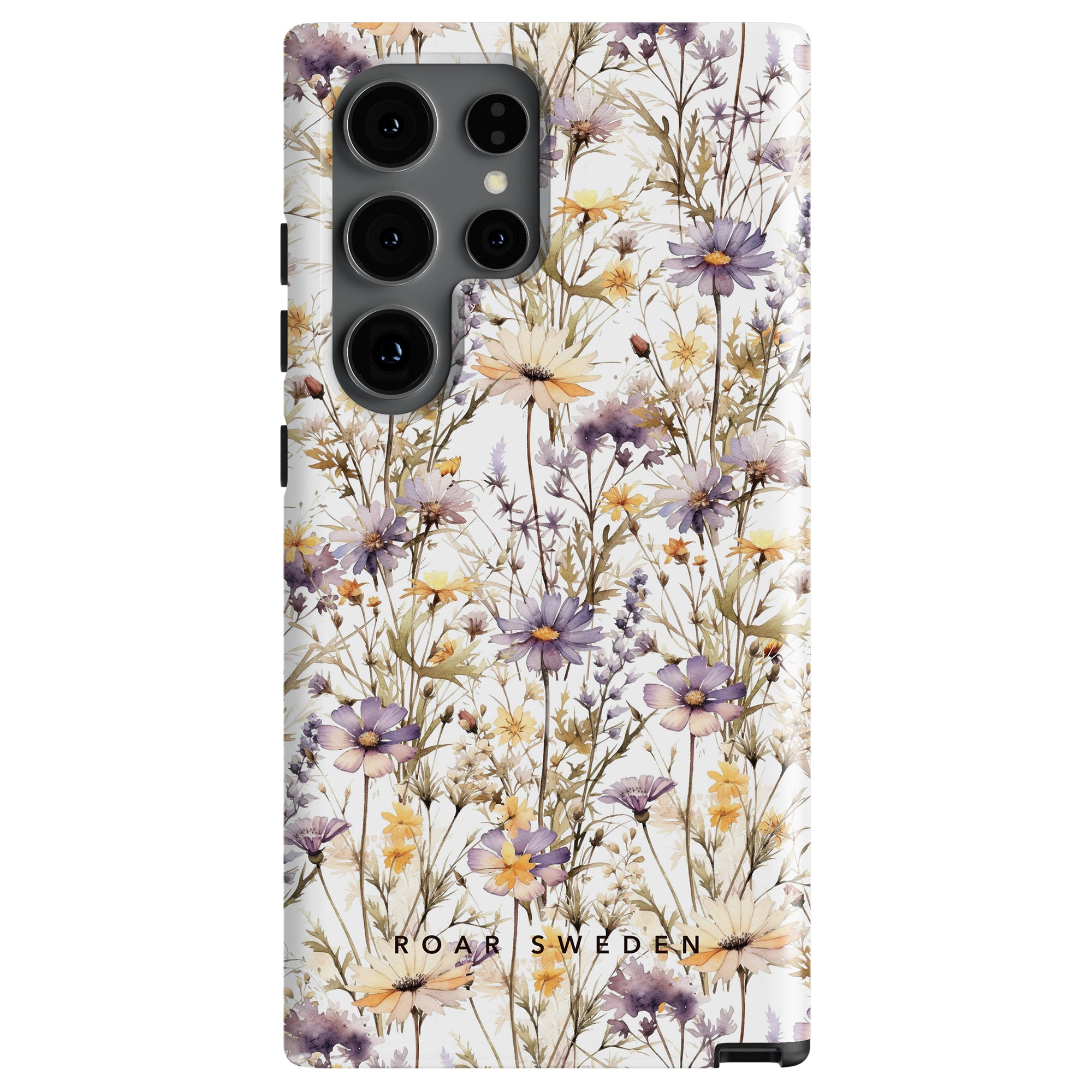 A Purple Wildflower - Tough Case designed with a floral pattern featuring purple wildflowers and yellow flowers. The brand "Roar Sweden" is printed at the bottom.