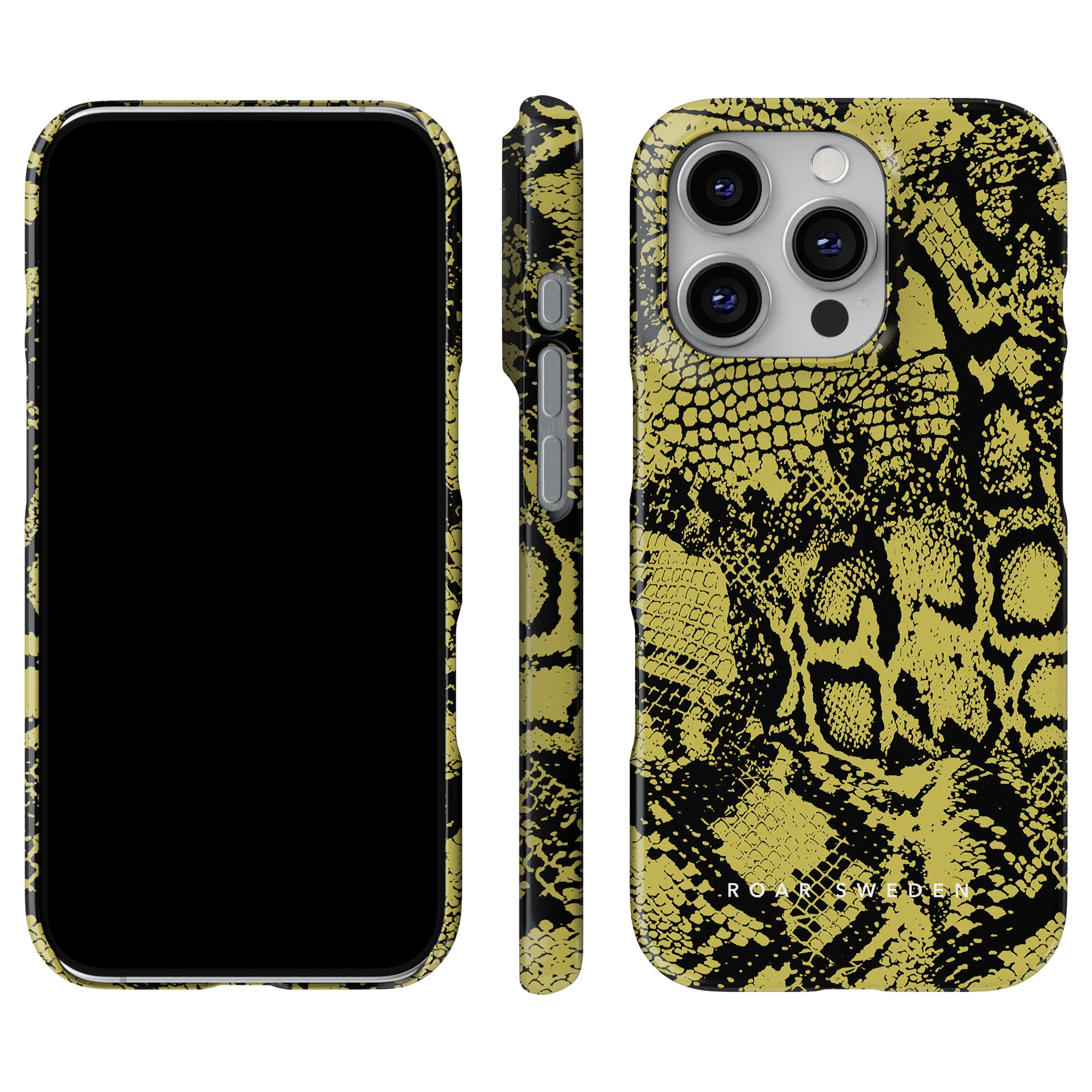 The Python - Slim case by Roar Sweden features a bold ormmönster, highlighting its yellow and black snake skin design from the front, side, and back perspectives.