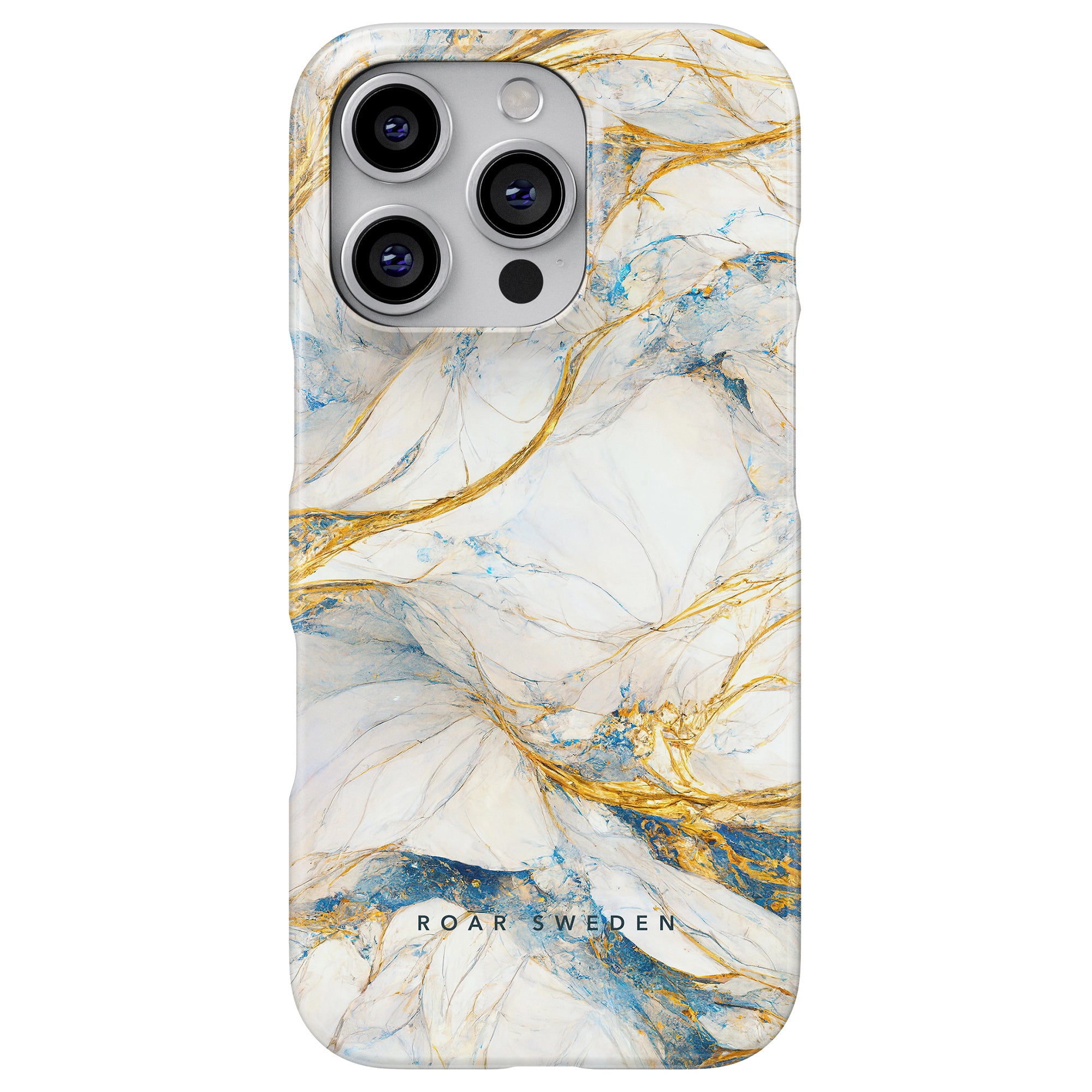 Elegant designtelefonfodral med namnet "Queen Marble - Slim Case" med ett mönster med guld och blå virvlar. Texten lyder "Roar Sweden.