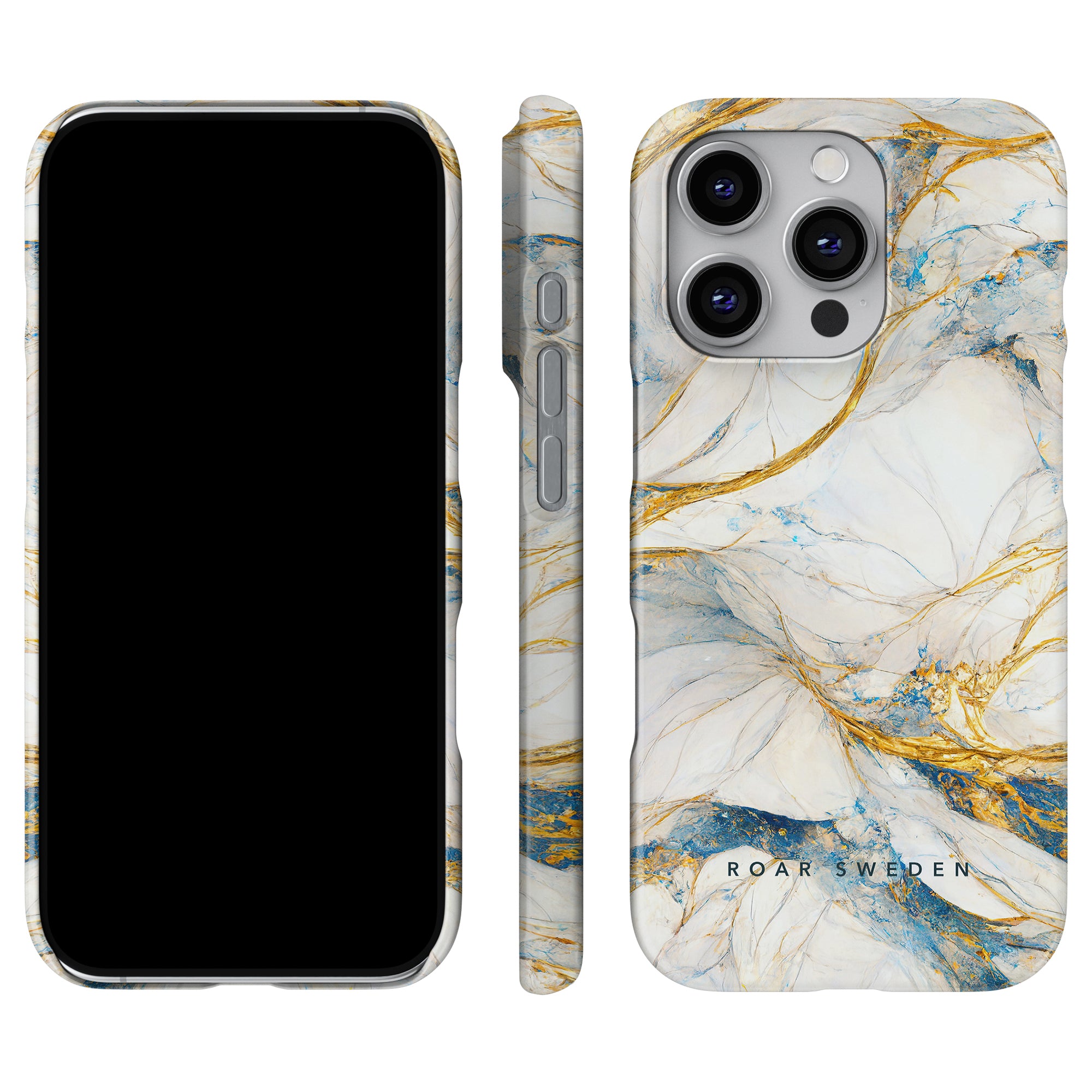 Elegant telefonfodral med ett blått och guldmarmormönster, som visas framifrån, från sidan och bakifrån. Texten lyder "Roar Sweden - Queen Marble Slim Case.