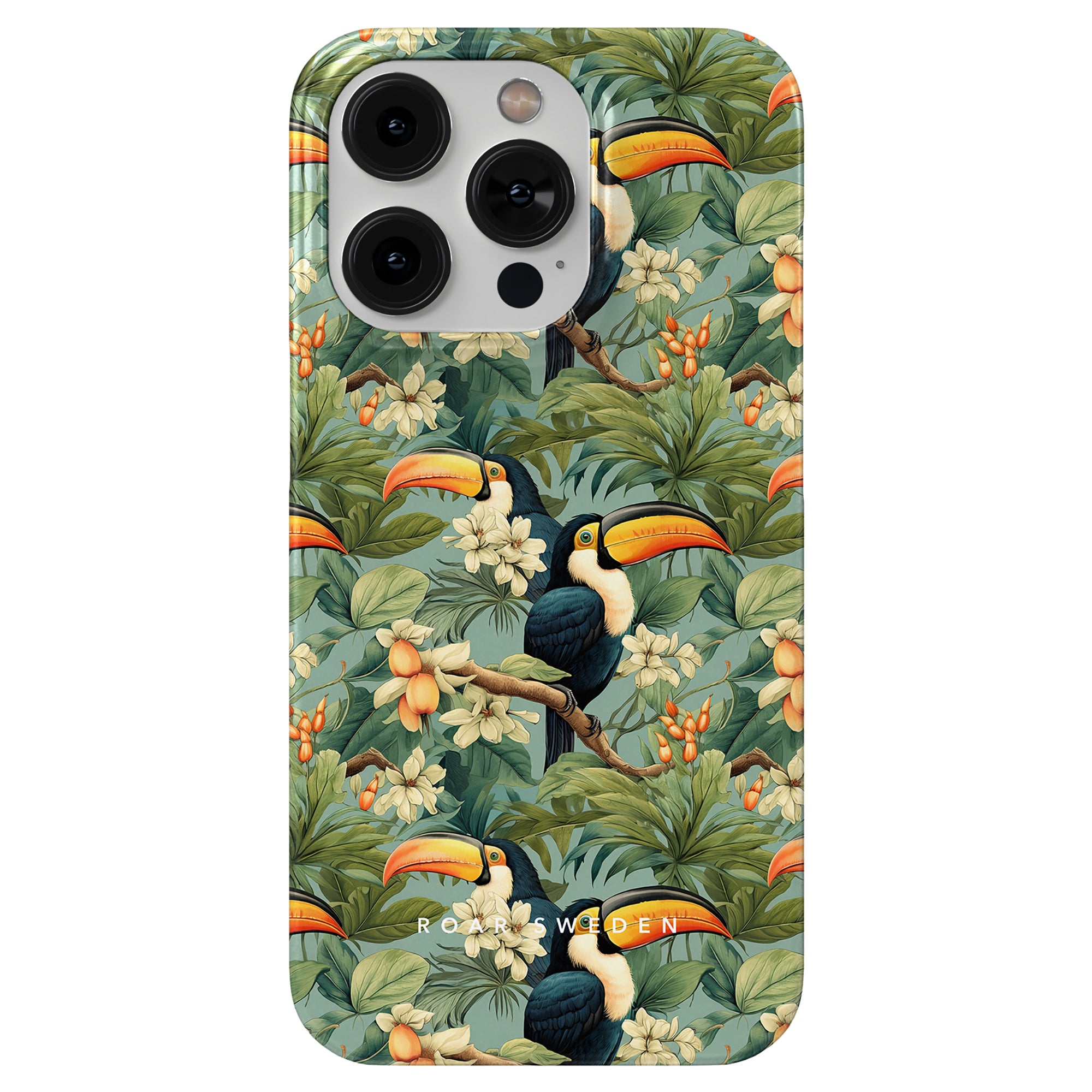 The Ramphastos - Slim case features a tropisk bakgrund with toucans among lush green foliage and vibrant orange flowers.