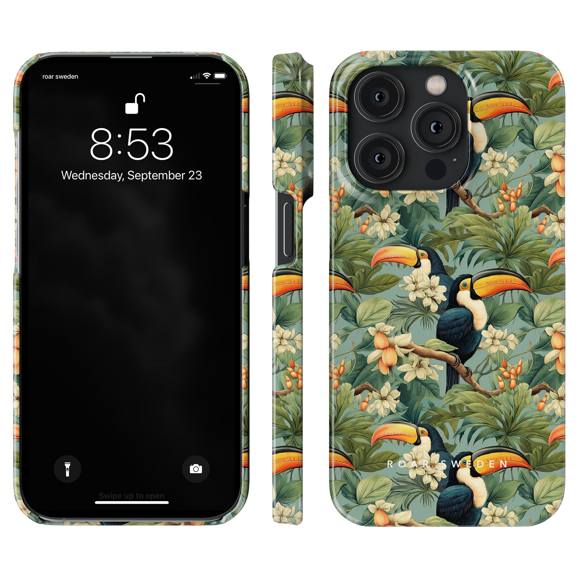 The Ramphastos slim case for the smartphone features a vibrant tropical background with toucans and lush foliage. The screen displays 8:53 on Wednesday, September 23.