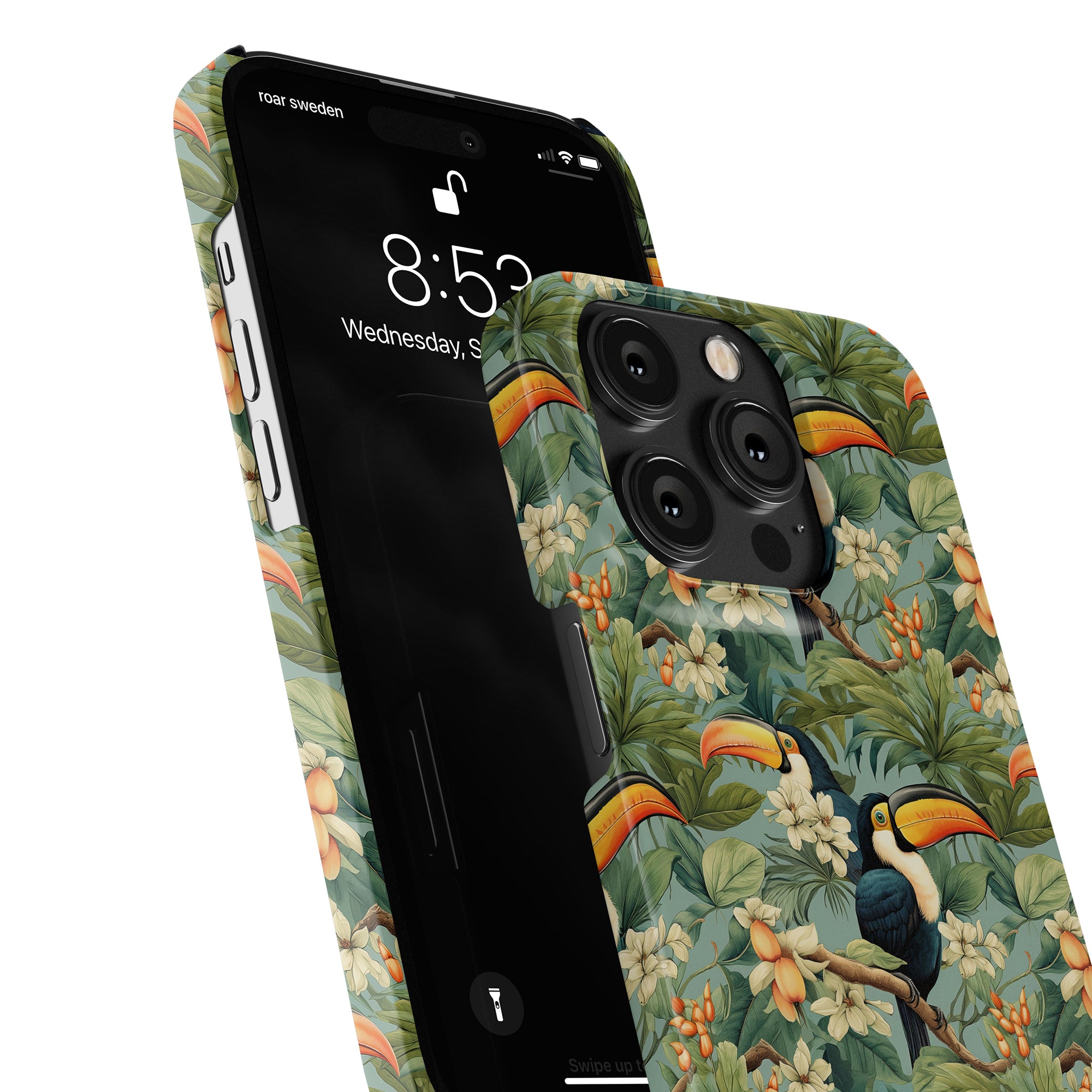 A Ramphastos Slim case for a smartphone, featuring a tropisk bakgrund with vibrant tukaner and lush foliage. The screen reads 8:53 and indicates the day as Wednesday, September 6.