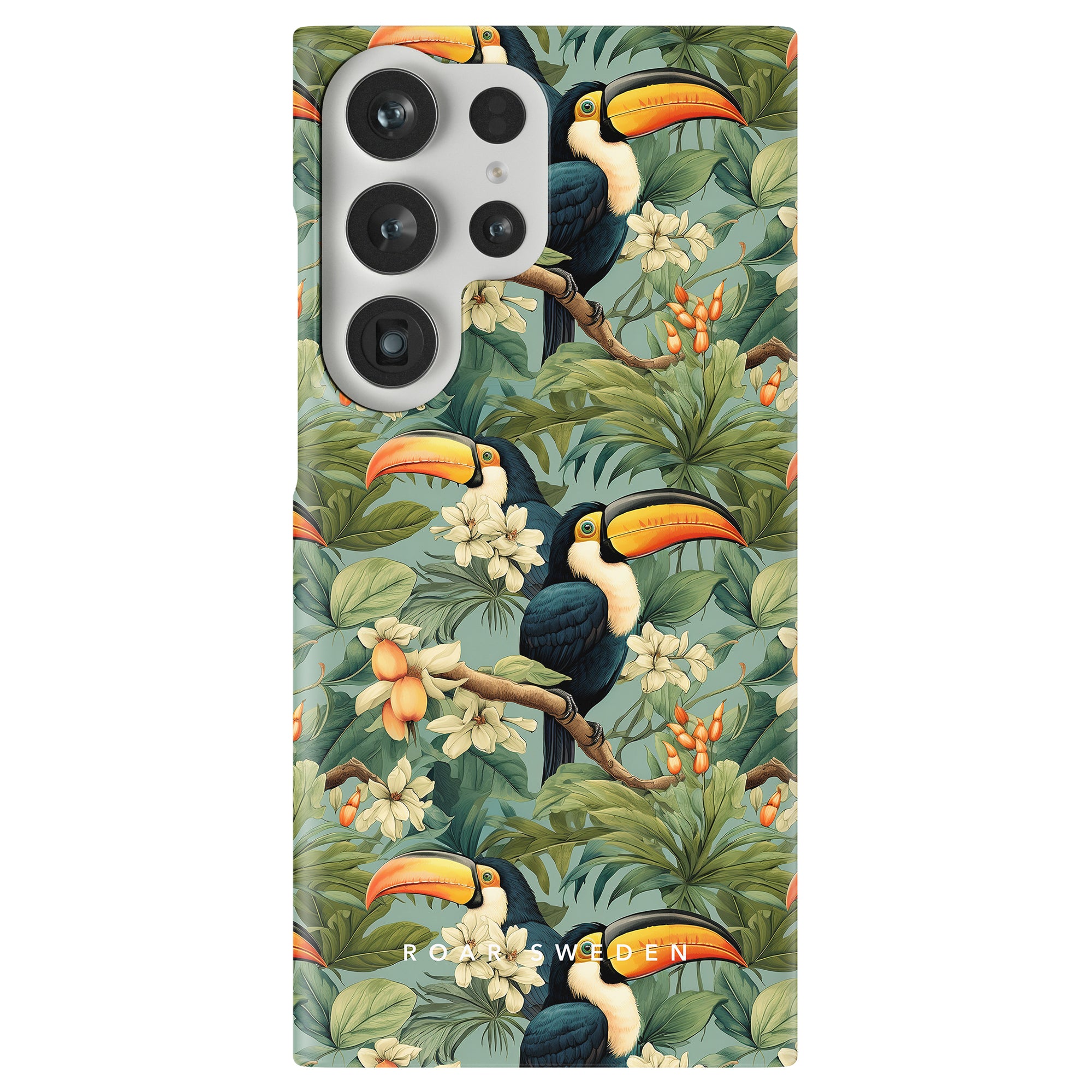 Slim smartphone case with a tropical design featuring toucans and lush greenery on a light background by Ramphastos - Slim Case.