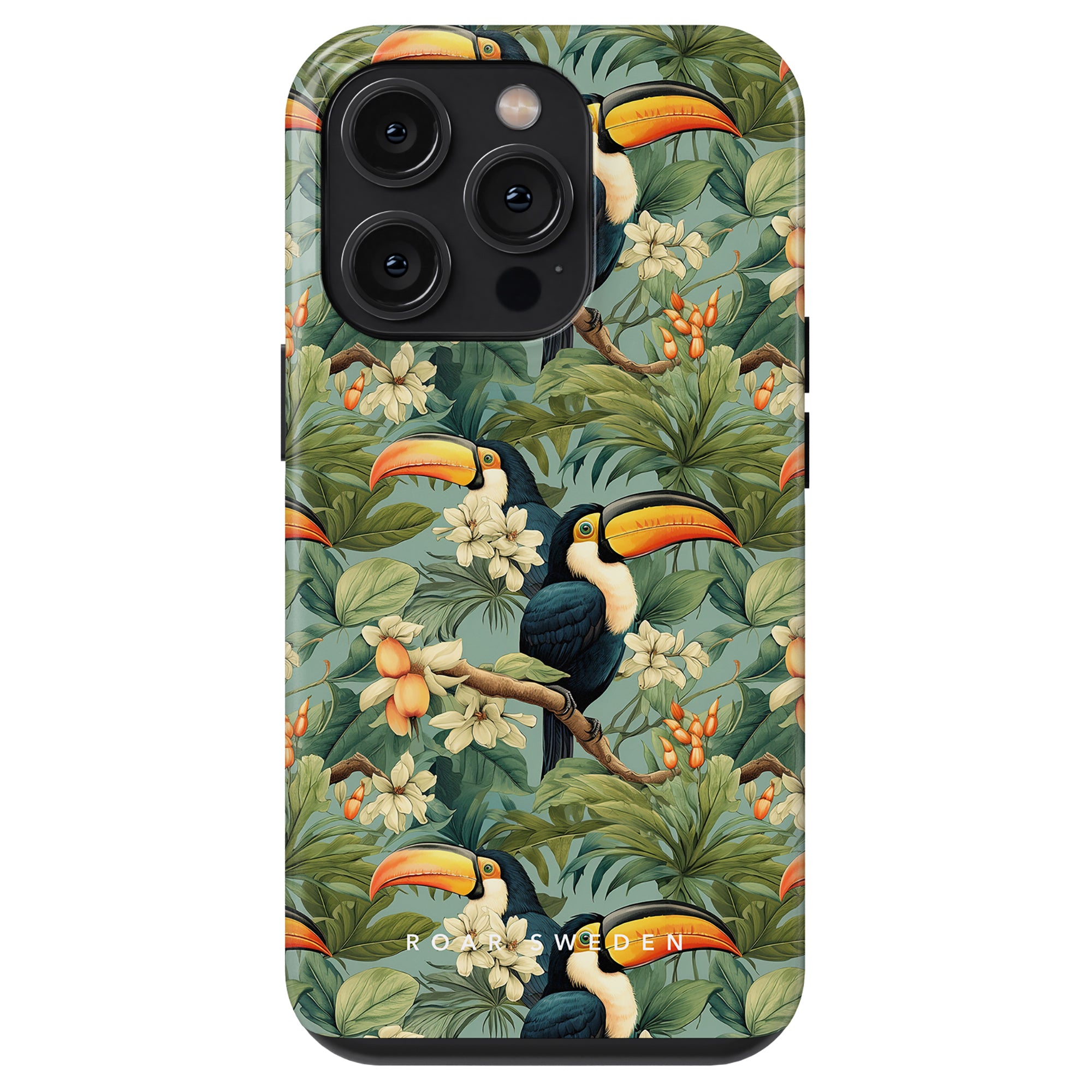 Experience the tropical elegance of our Ramphastos - Tough Case, showcasing a vibrant toucan and lush foliage pattern in vivid green and orange hues.