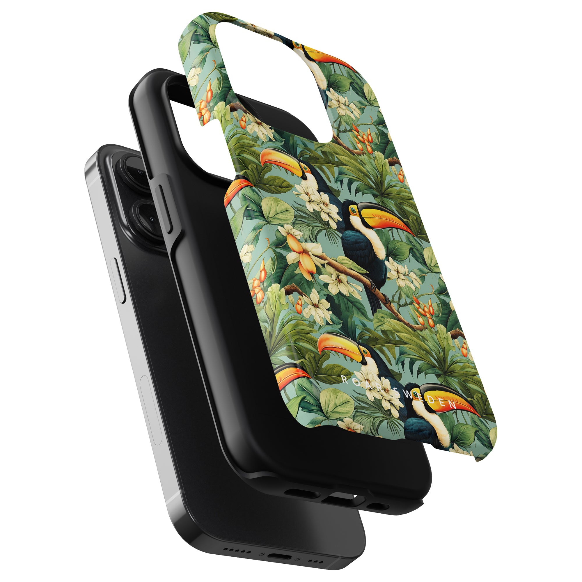 The Ramphastos - Tough Case features a tropical bird and foliage design with vibrant toucans from different angles, embodying tropisk elegans. Its durable tough case structure is enhanced by a black inner lining for added protection.