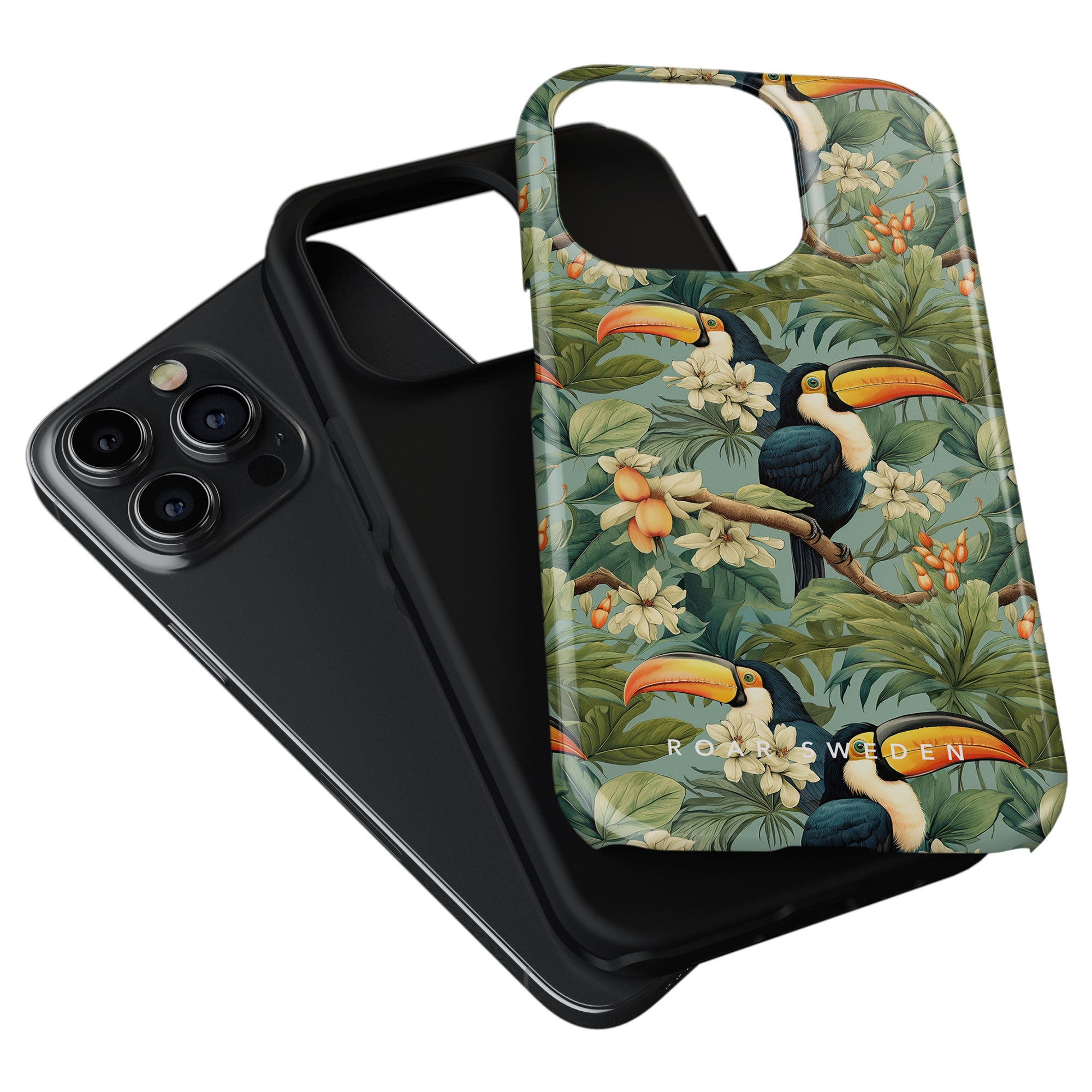 Displayed on a smartphone, one case is solid black, while the other is the Ramphastos - Tough Case, featuring the Tropisk Elegans design with a vibrant toucan on a lush green background, blending style and durability.